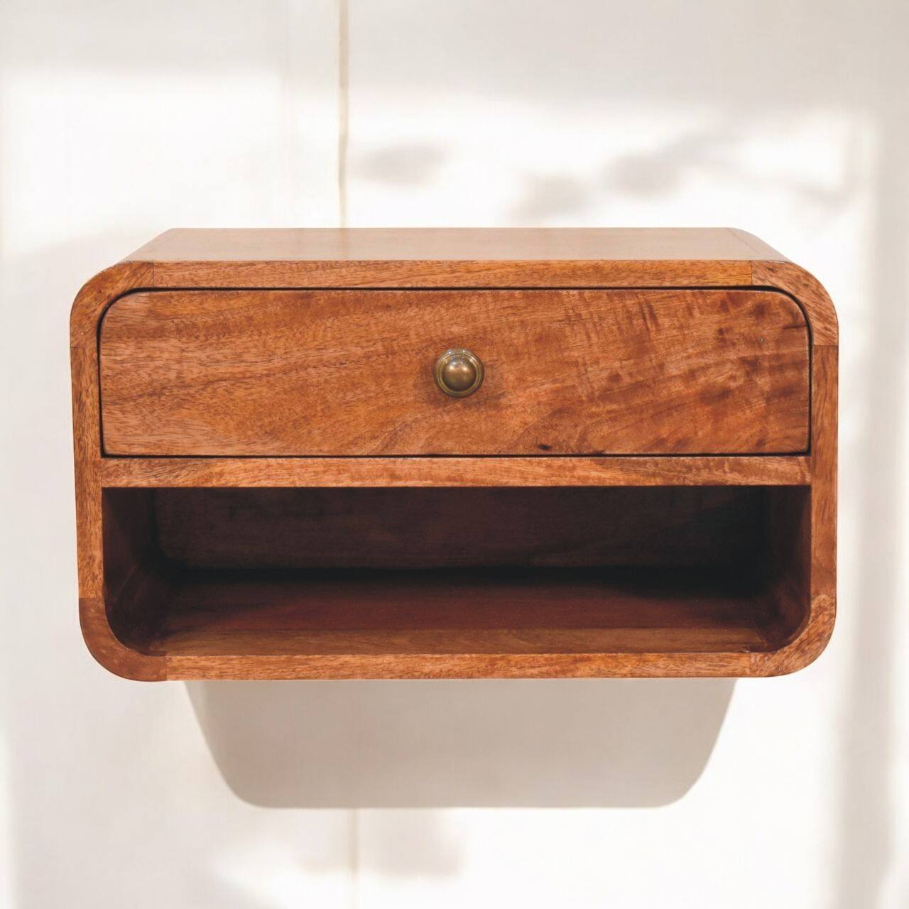 Alt View 2. Artisan Furniture - Artisan Furniture Solid Wood Curved Honey Caramel Wall Mounted Bedside with Open Slot - Brown.