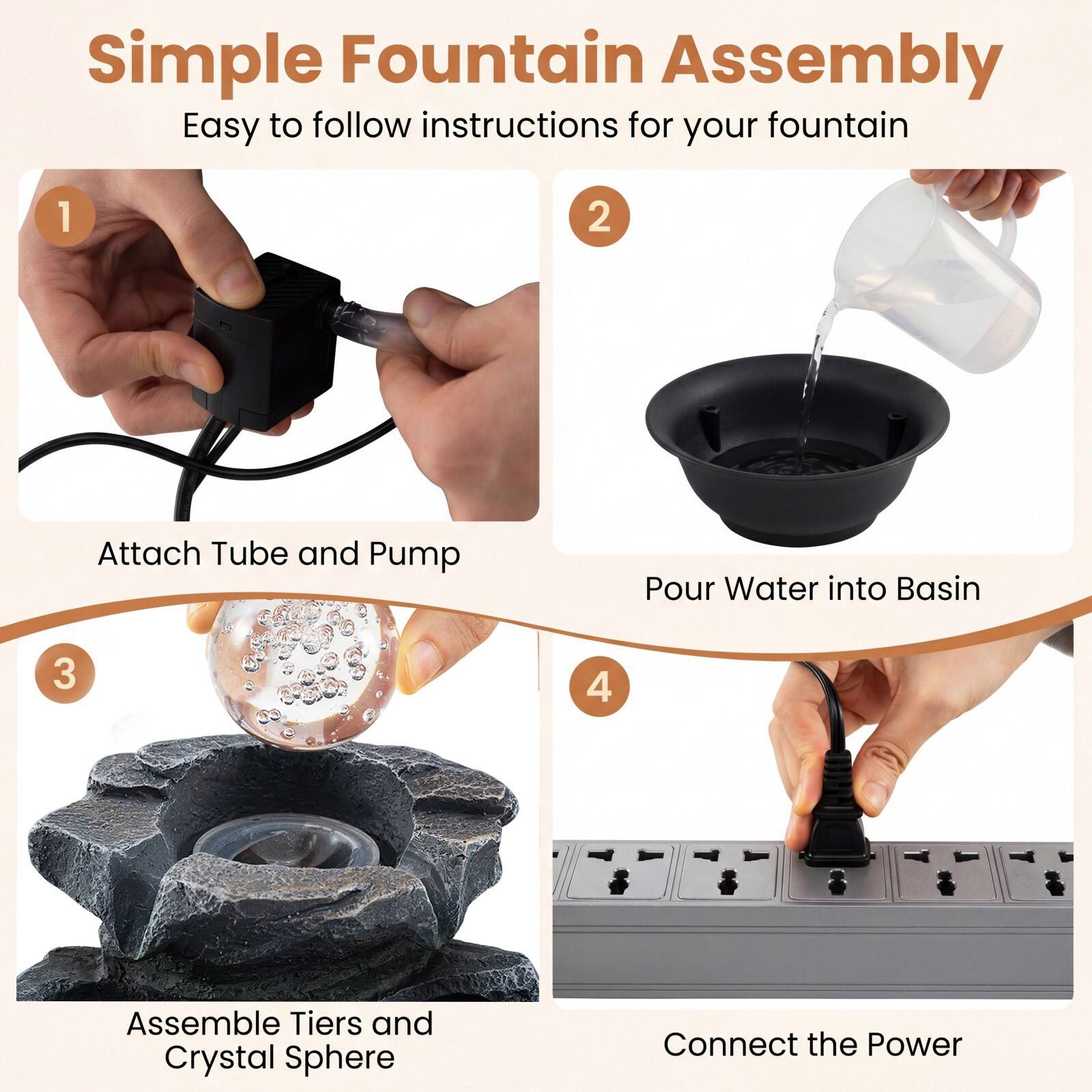 Simple Fountain Assembly  
Easy to follow instructions for your fountain

1. Attach Tube and Pump
2. Pour Water into Basin
3. Assemble Tiers and Crystal Sphere
4. Connect the Power