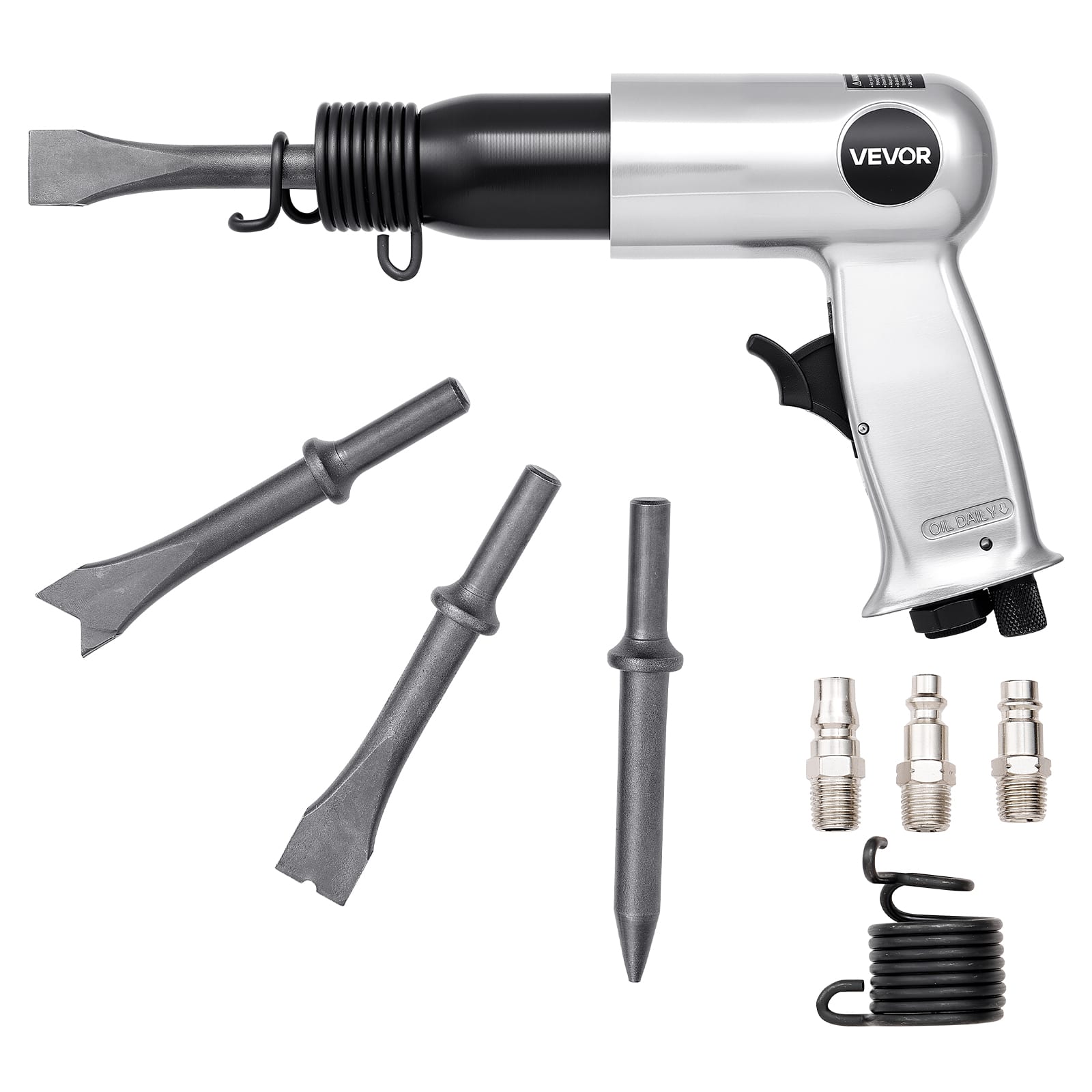 VEVOR - Air Hammer, 3500BPM Pneumatic Hammer with 2.76 inch Stroke & 4PCS Chisels Round Shank, Pistol-Grip Compact - Aluminum color