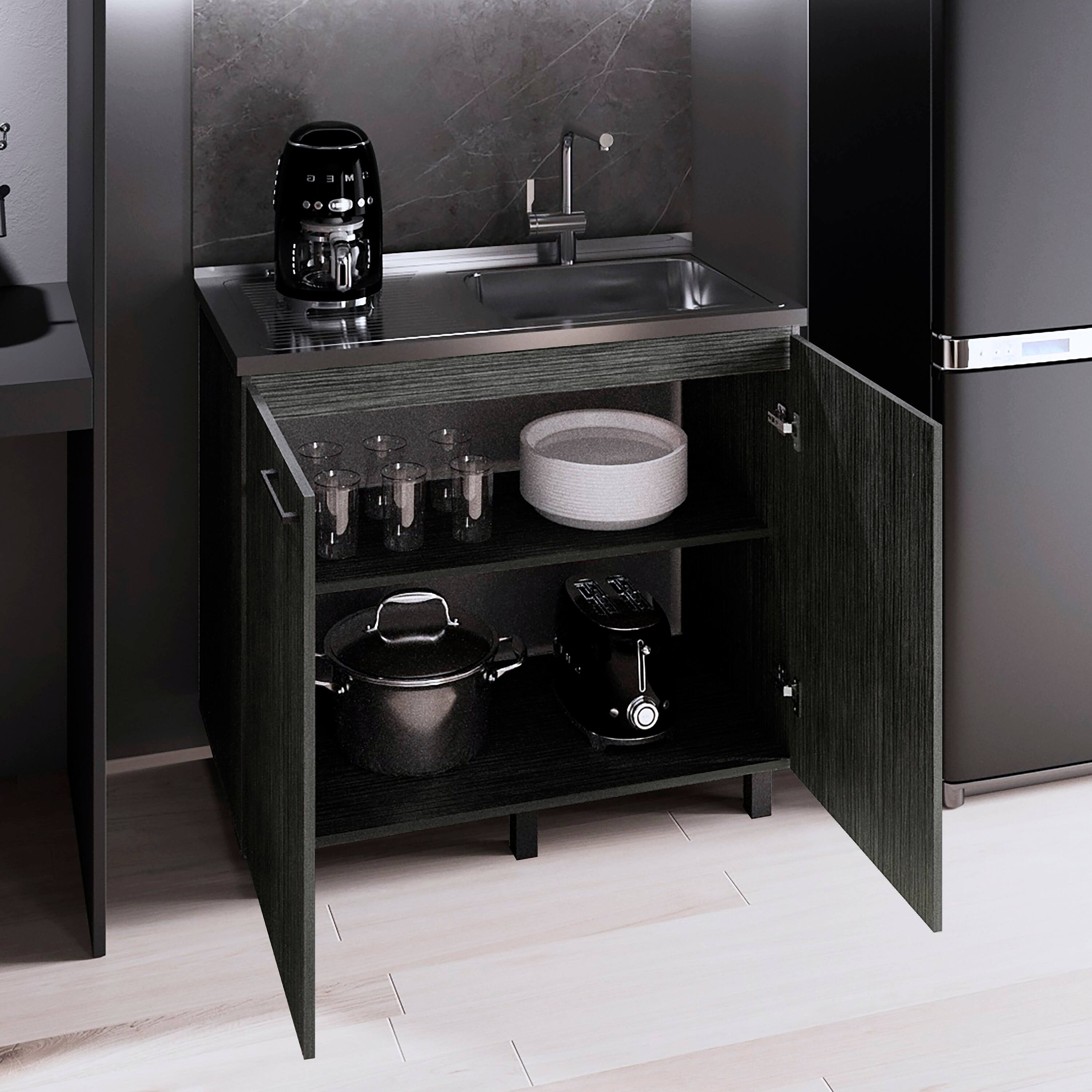 Back. TuHome - Napoles Utility Sink With Cabinet, Stainless Steel Countertop, With two Interior Shelf - Smokey Oak.