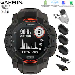 Garmin - Instinct 3 Solar GPS Smartwatch 50 mm Fiber-reinforced Polymer + Charging Dock & Extra Cable Bundle - Black with Charcoal Band - (2025)