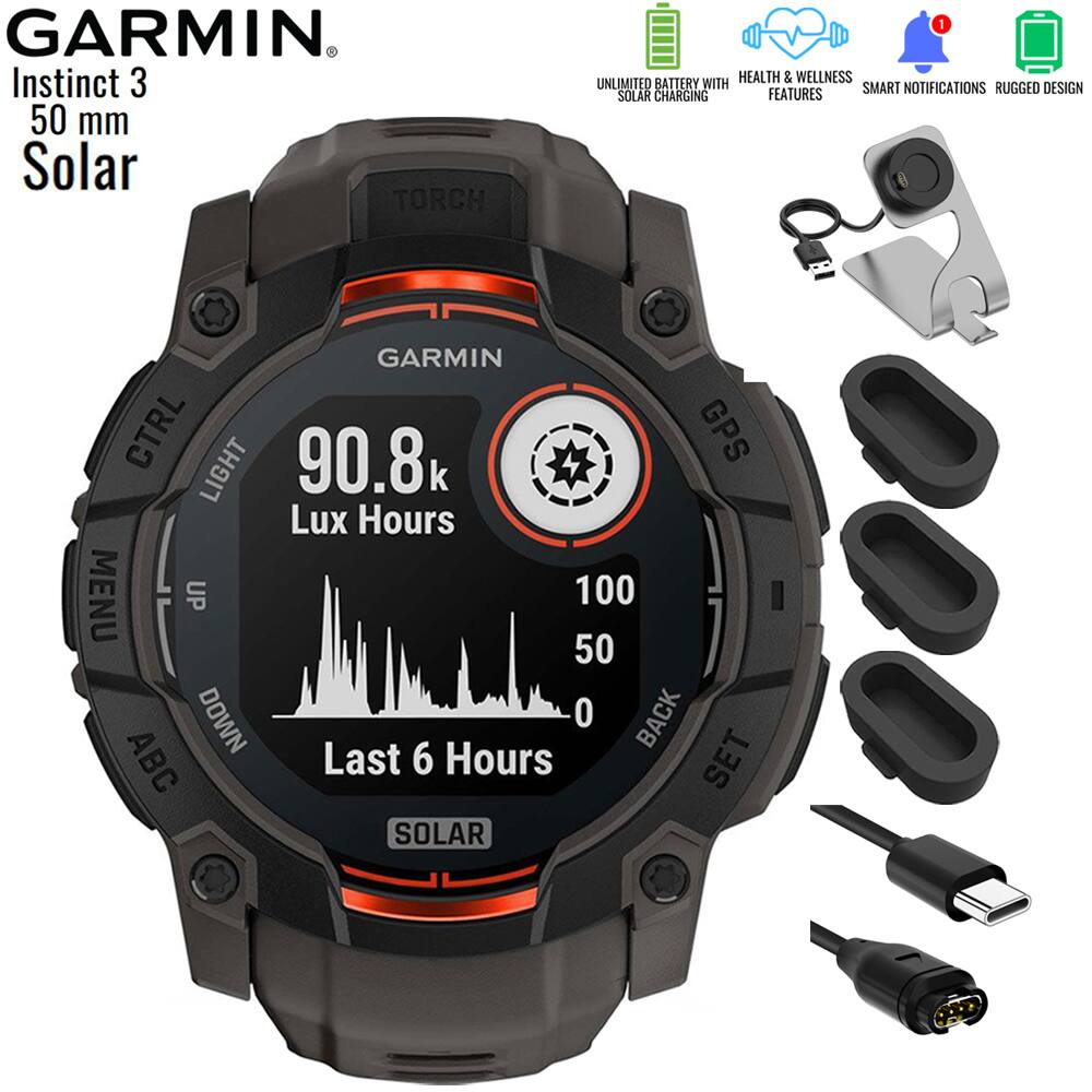 GARMIN  
Instinct 3  
50 mm Solar  

TORCH  
GARMIN  
90.8k Lux Hours  
Last 6 Hours  
SOLAR  

CTRL  
LIGHT  
MENU  
UP  
DOWN  
ABC  
GPS  
BACK  
SET  

UNLIMITED BATTERY WITH SOLAR CHARGING  
HEALTH & WELLNESS FEATURES  
SMART NOTIFICATIONS  
RUGGED DESIGN