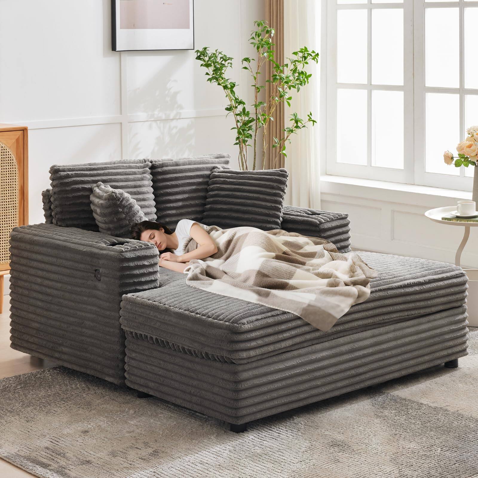 Alt View 5. Jojoka - Oversized 60-Inch Chaise Lounge Chair, Corduroy Sofa Bed with Throw Pillows, USB Charging - Gray.