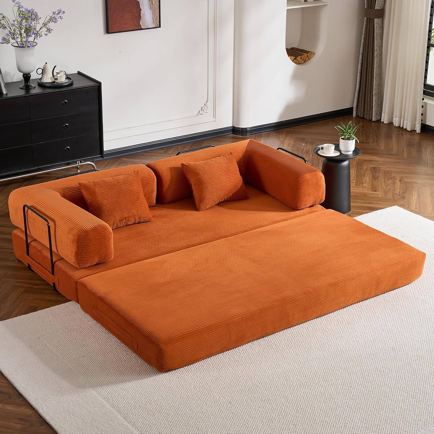 Alt View 7. Trinkets Crazed - Convertible Sleeper Sofa Bed with Fixed-Shape Frame, Corduroy Folding Boneless Couch  - orange.