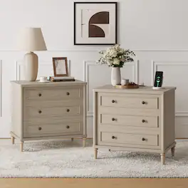 Bestier - 3 Drawer Farmhouse Nightstand Set of 2 , Mid-Century Fluted Bedside Table with Charging Station - Sunlit Oak