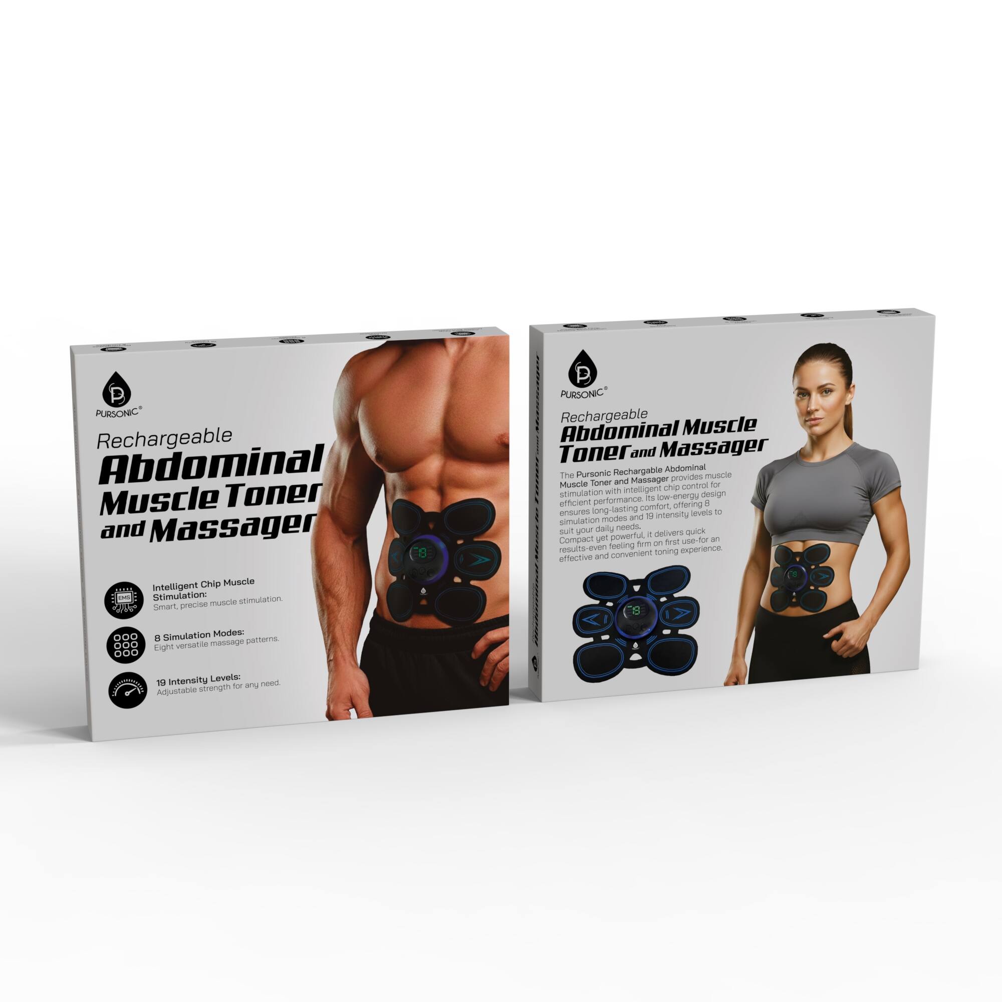 PURSONIC Rechargeable Abdominal Muscle Toner and Massager

The Pursonic Rechargeable Muscle Abdominal Toner and Massager provides muscle stimulation with intelligent chip control. It features a design that is energy-efficient and offers long-lasting comfort. The device ensures a quick and effective toning experience with eight versatile massage modes and adjustable intensity levels.

Intelligent Chip Muscle Stimulation
- 8 Simulation Modes
- 19 Intensity Levels: Adjustable strength

Compact yet powerful, this device delivers quick results for an effective and convenient toning experience.