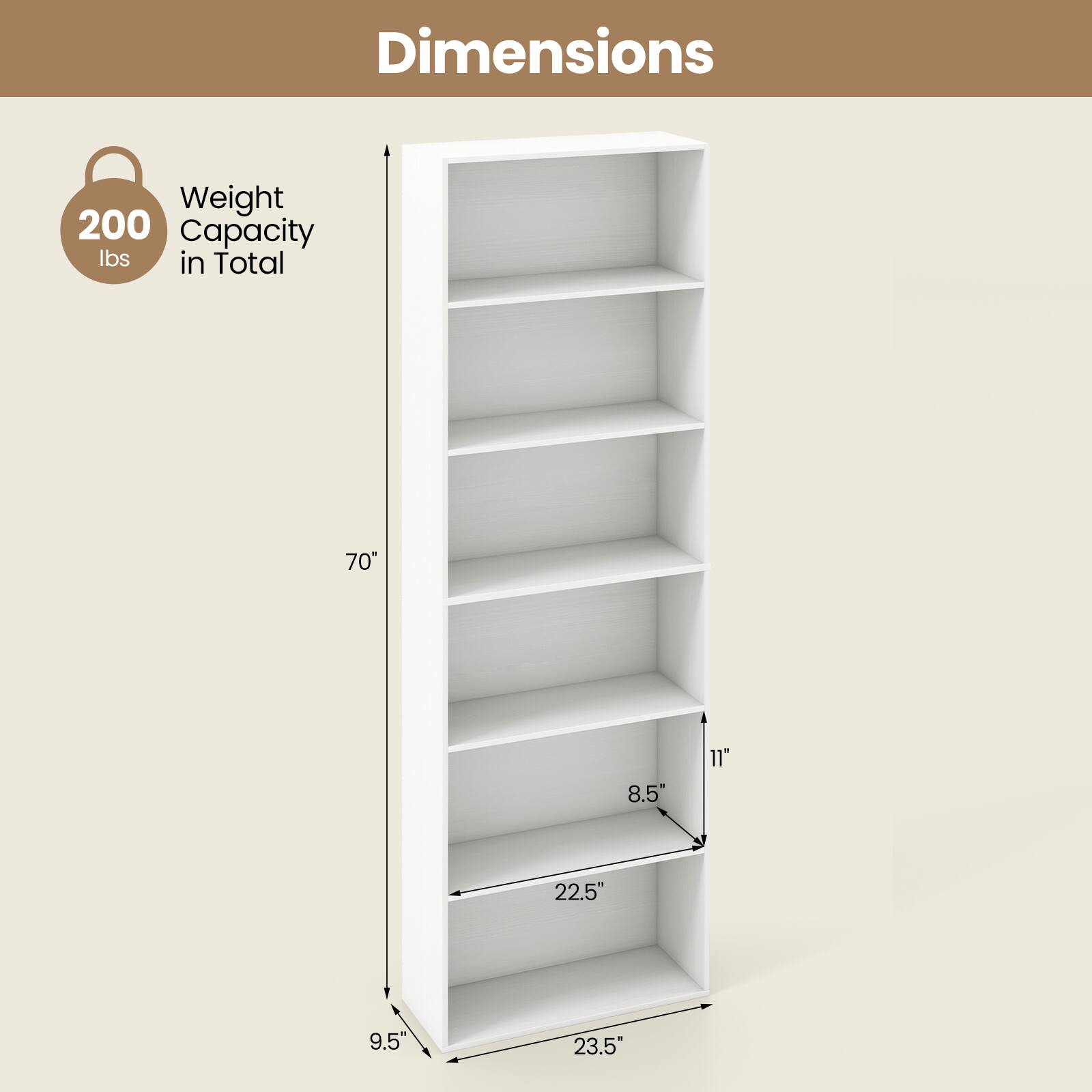 Dimensions  
Weight Capacity: 200 lbs in Total  
70"  
23.5"  
22.5"  
11"  
8.5"  
9.5"