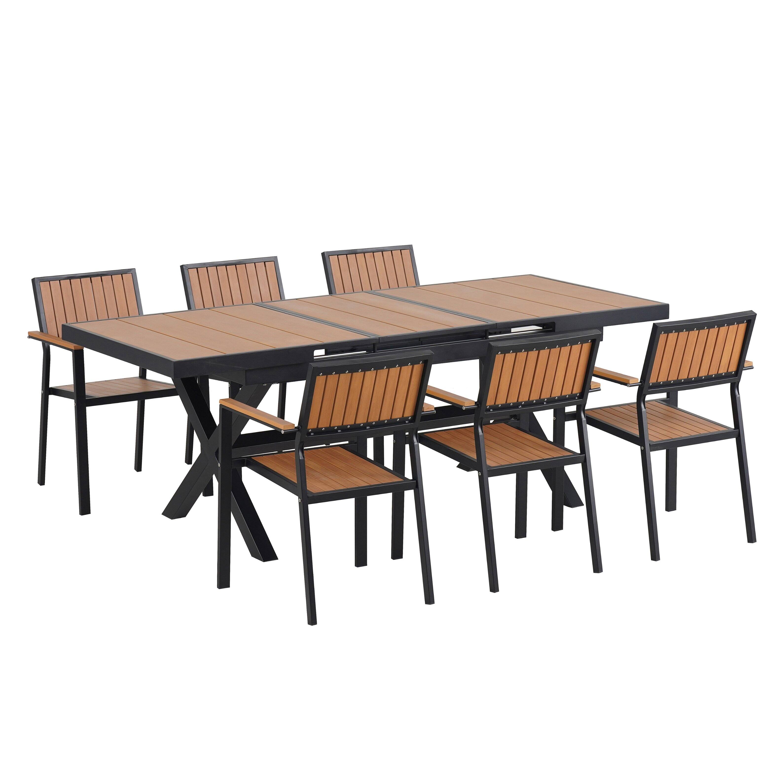 Back. Mondawe - 7-Piece Outdoor Dining Set with 6 Chairs and Extendable Table - Black+Natural.