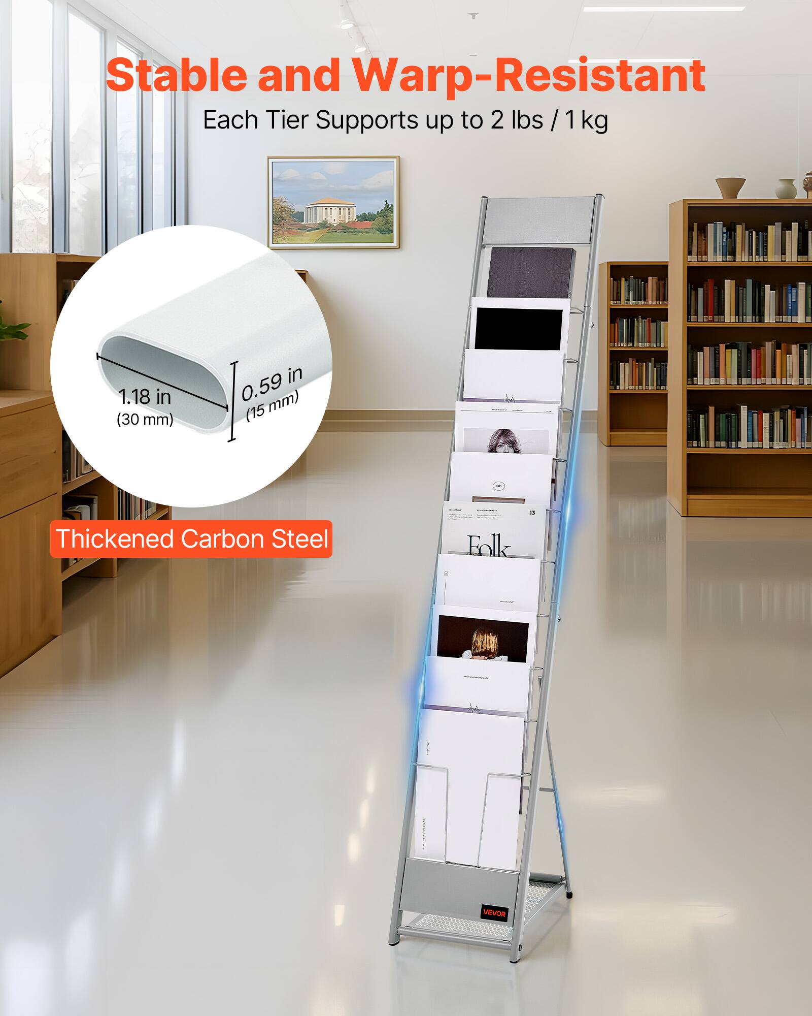 Stable and Warp-Resistant  
Each Tier Supports up to 2 lbs / 1 kg  

Thickened Carbon Steel  

1.18 in (30 mm)  
0.59 in (15 mm)