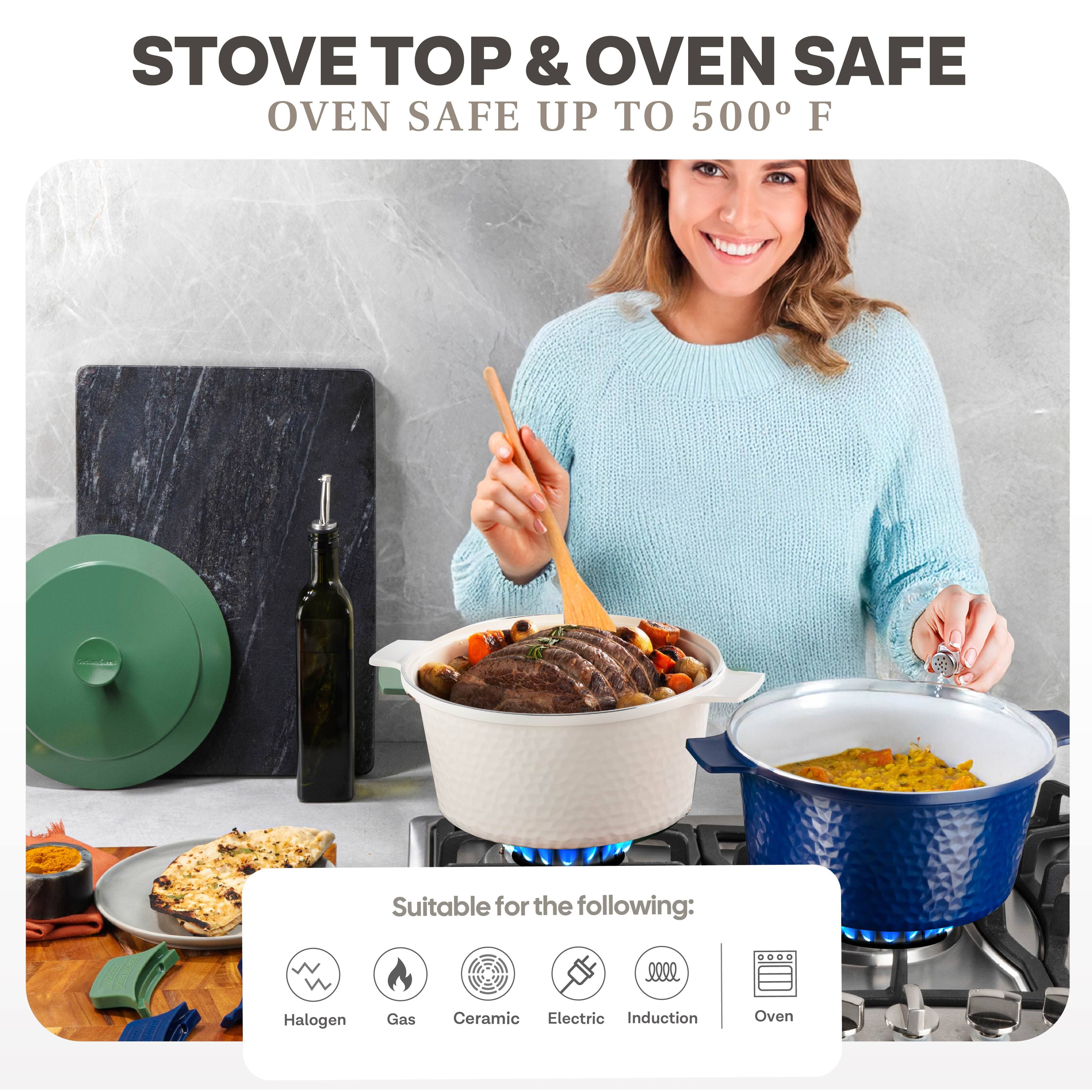 STOVE TOP & OVEN SAFE  
OVEN SAFE UP TO 500° F  

Suitable for the following:  
Halogen  
Gas  
Ceramic  
Electric  
Induction  
Oven