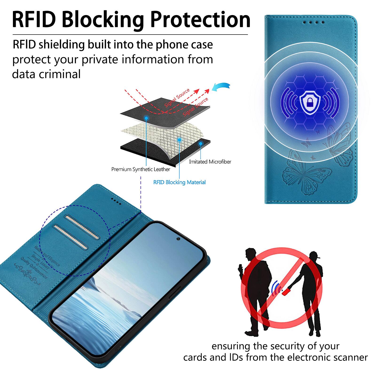 RFID Blocking Protection

RFID shielding built into the phone case protect your private information from data criminal

Premium Synthetic Leather
Imitated Microfiber
RFID Blocking Material

ensuring the security of your cards and IDs from the electronic scanner