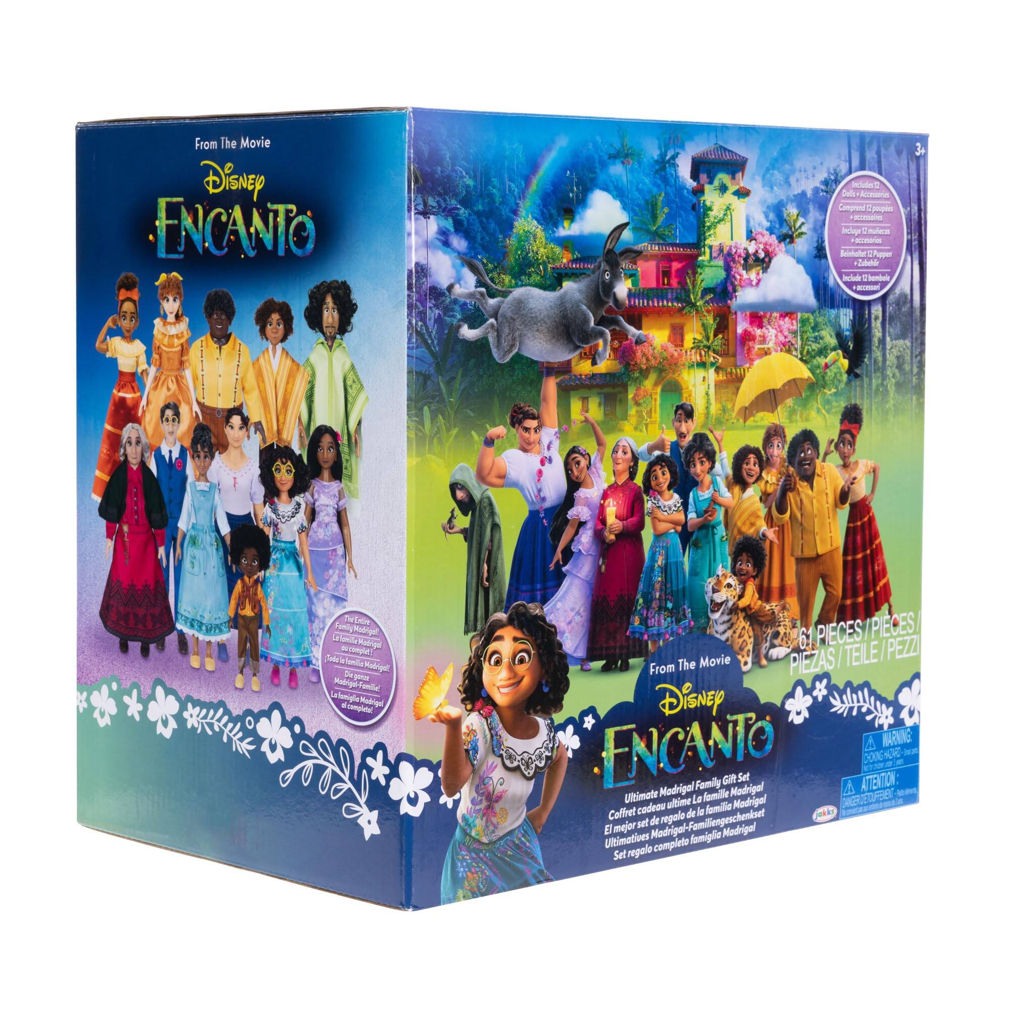 From The Movie  
Disney Encanto  

Ultimate Madrigal Family Gift Set  
Coffret cadeau de la famille Madrigal  
El mejor set de la familia Madrigal  
Ultimate Madrigal Family Gift Set  

61 PIECES/PIECES/TEILE/PEZZI  

Includes:  
- 10 Characters  
- 10 Accessories  
- 10 Animals  
- 10 Vehicles  
- 10 Decorations  
- 10 Furniture  
- 10 Accessories  

Attention:  
- Small parts. Not for children under 3 years.  
- Achtung: Kleinsteile. Nicht für Kinder unter 3 Jahren.  
- Atención: Piezas pequeñas. No apto para menores de 3 años.  
- Avvertenza: Piccoli oggetti. Non adatto ai minori di 3 anni.  

From The Movie  
Disney Encanto  

Ultimate Madrigal Family Gift Set  
Coffret cadeau de la famille Madrigal  
El mejor set de la familia Madrigal  
Ultimate Madrigal Family Gift Set  

61 PIECES/PIECES/TEILE/PEZZI