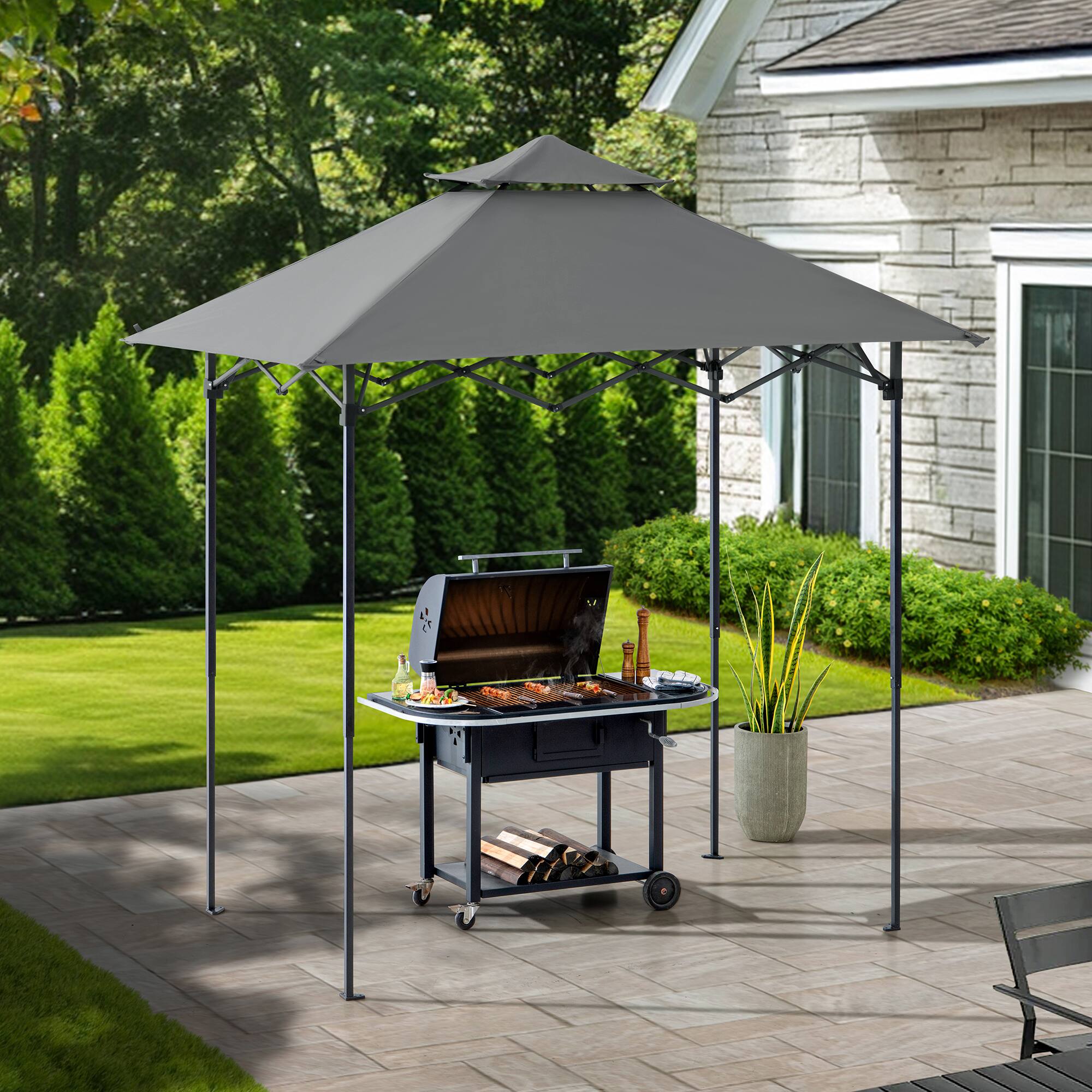 Angle. SUNJOY - Sunjoy 8ft. x 5ft. Double Roof Grey Pop up Grill Gazebo with Portable Bag and Removable Remote Control Light - grey.