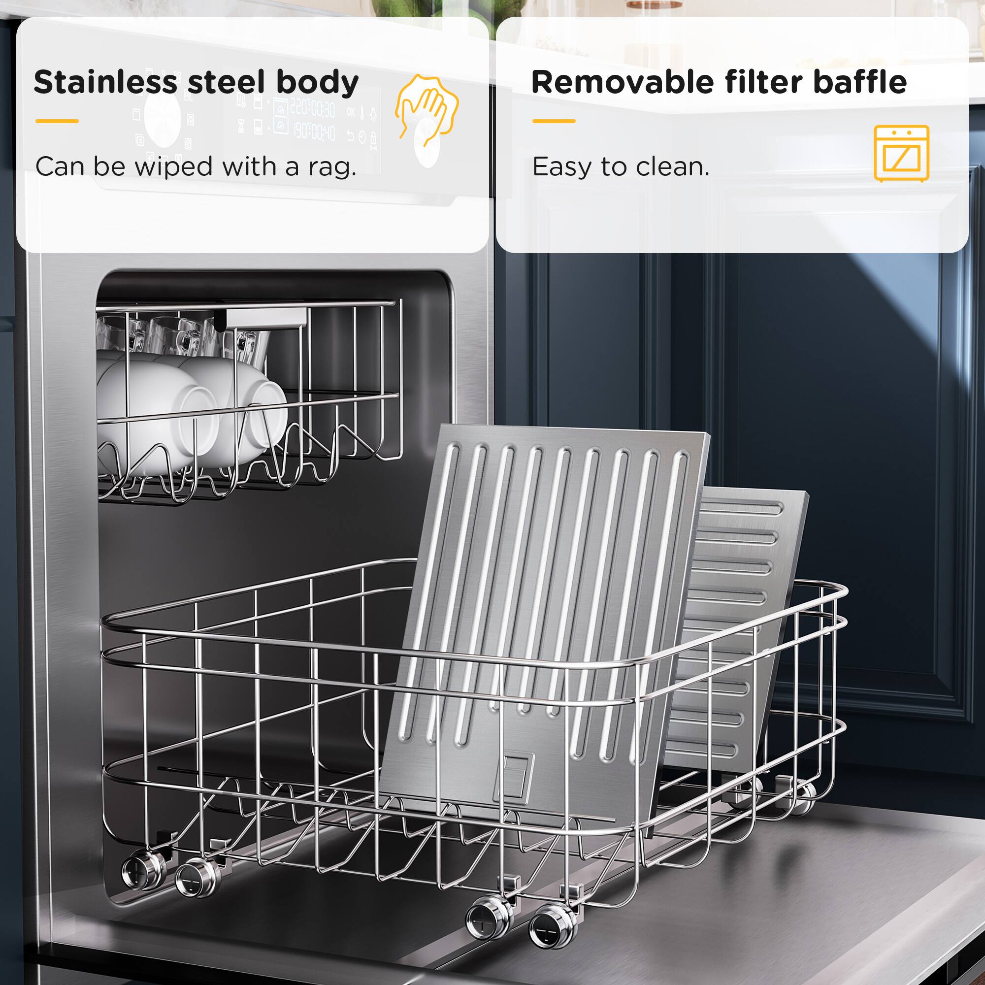 Stainless steel body  
Can be wiped with a rag.  

Removable filter baffle  
Easy to clean.