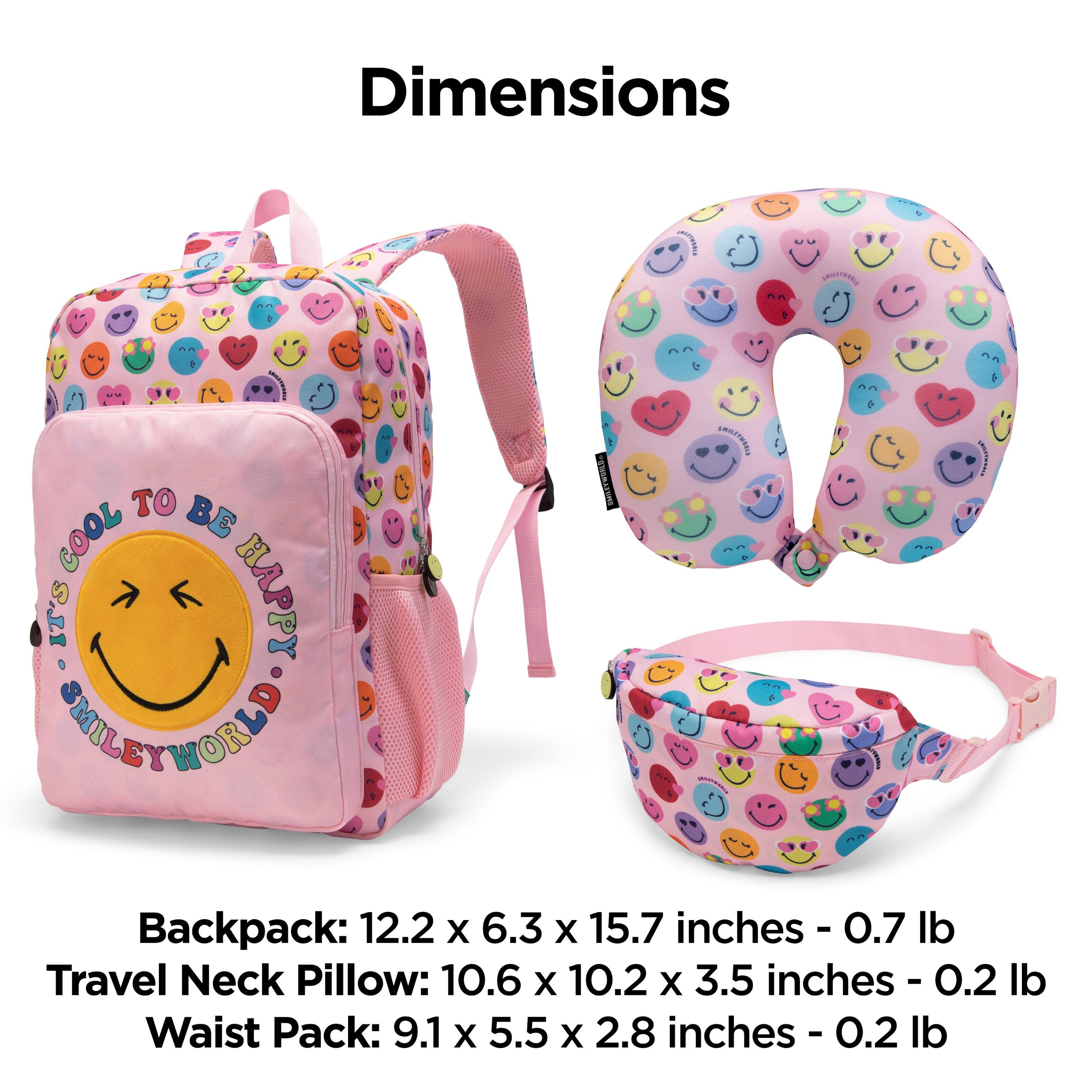 Dimensions

Backpack: 12.2 x 6.3 x 15.7 inches - 0.7 lb

Travel Neck Pillow: 10.6 x 10.2 x 3.5 inches - 0.2 lb

Waist Pack: 9.1 x 5.5 x 2.8 inches - 0.2 lb