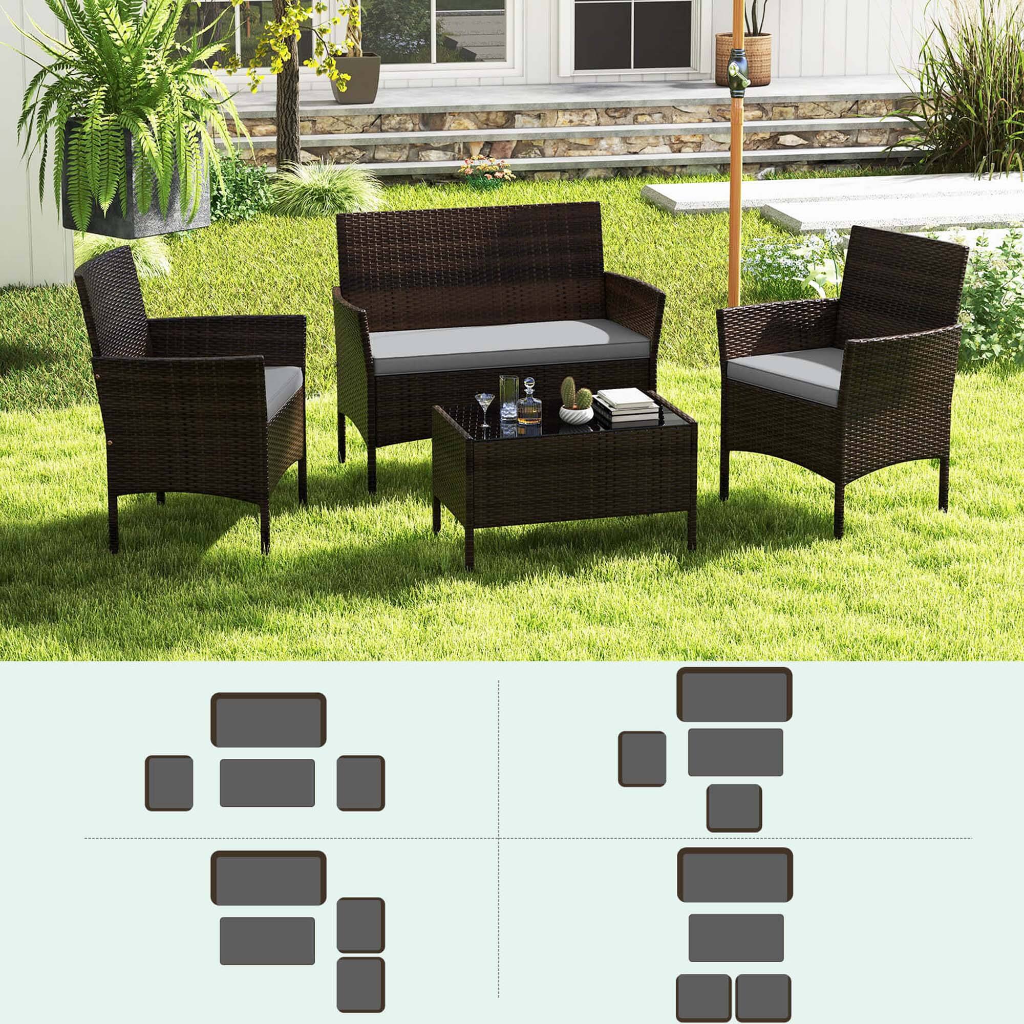 Alt View 7. Costway - 8 PCS Patio Furniture Set with Washable Cushions and Tempered Glass Coffee Table - Mix Brown + Grey.