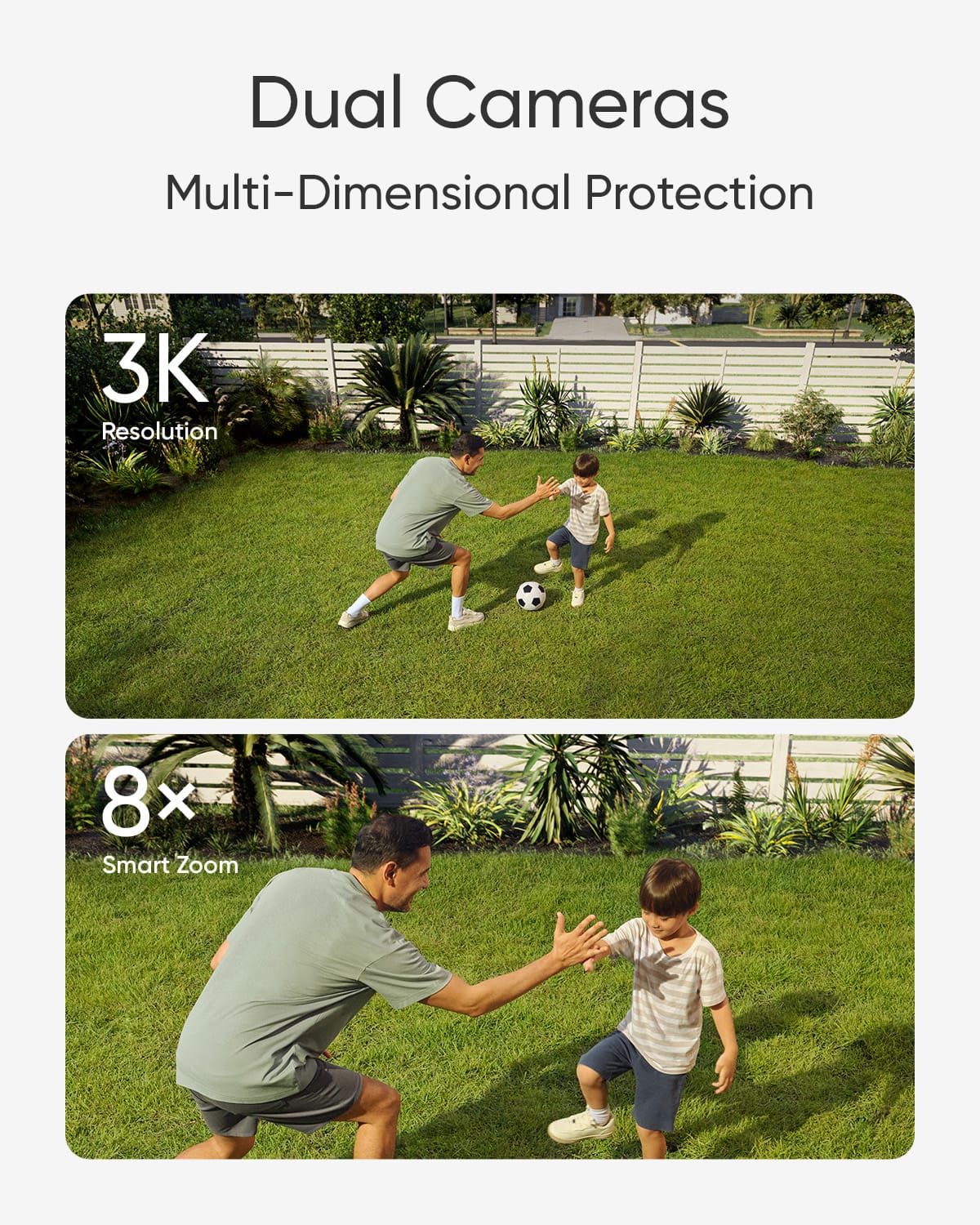 Dual Cameras: Multi-Dimensional Protection. 3K Resolution. 8x Smart Zoom.