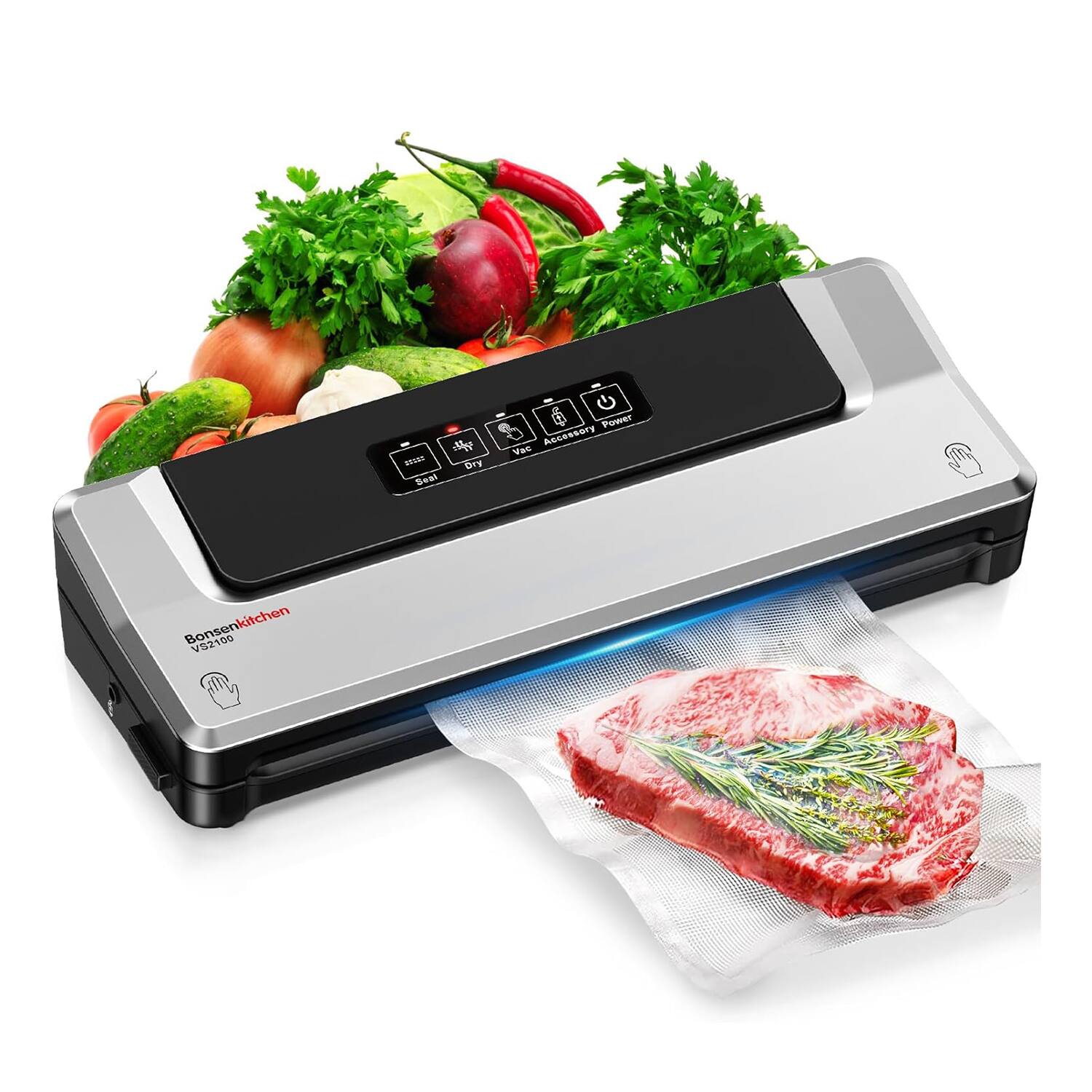 Bonsenkitchen - Vacuum Sealer Machine - Fast-Compact Food Sealer, Multi-Functional Food Vacuum Sealer - 5 Vacuum Bags & Accessory Hose - Silver