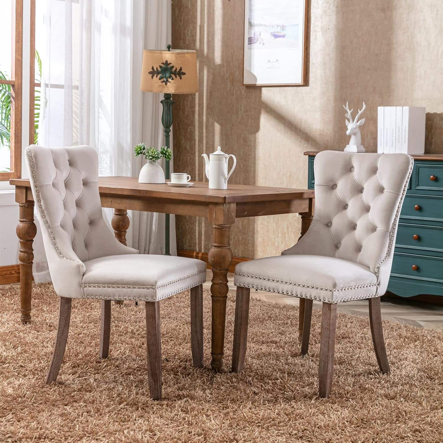 Trinkets Crazed - Velvet Dining Chairs Set of 2, Upholstered High-end Tufted Dining Room Chair with Wood Legs Nailhead Trim for Kitchen - beige