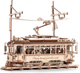 Robotime - ROKR 3D Classic City Train Wooden Puzzles Model Car Kits for Adults to Build - Wooden Toy Tram Train Set with Railway - Brown