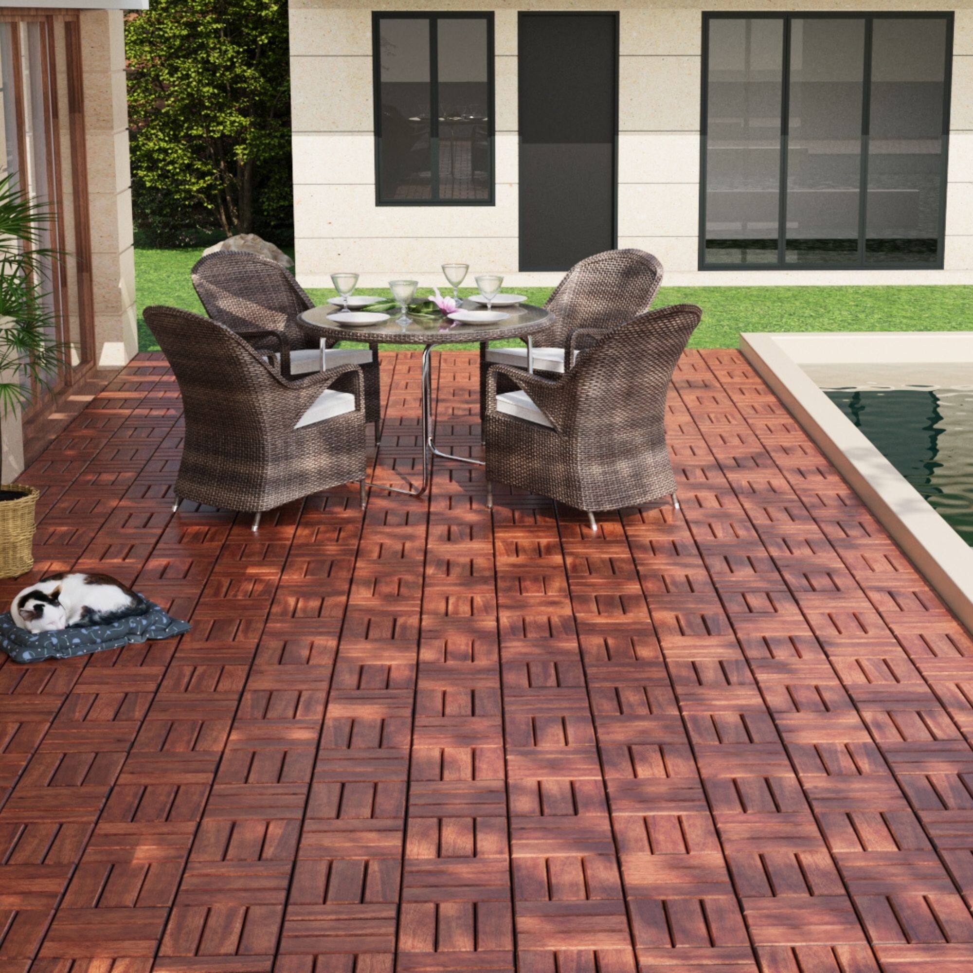 Alt View 6. MOOSOO - 10Pcs Interlocking Deck Tiles, Patio Flooring -Waterproof Acacia Wood Tiles for All Weather Use - Patio, Balcony & Pools - Brown.