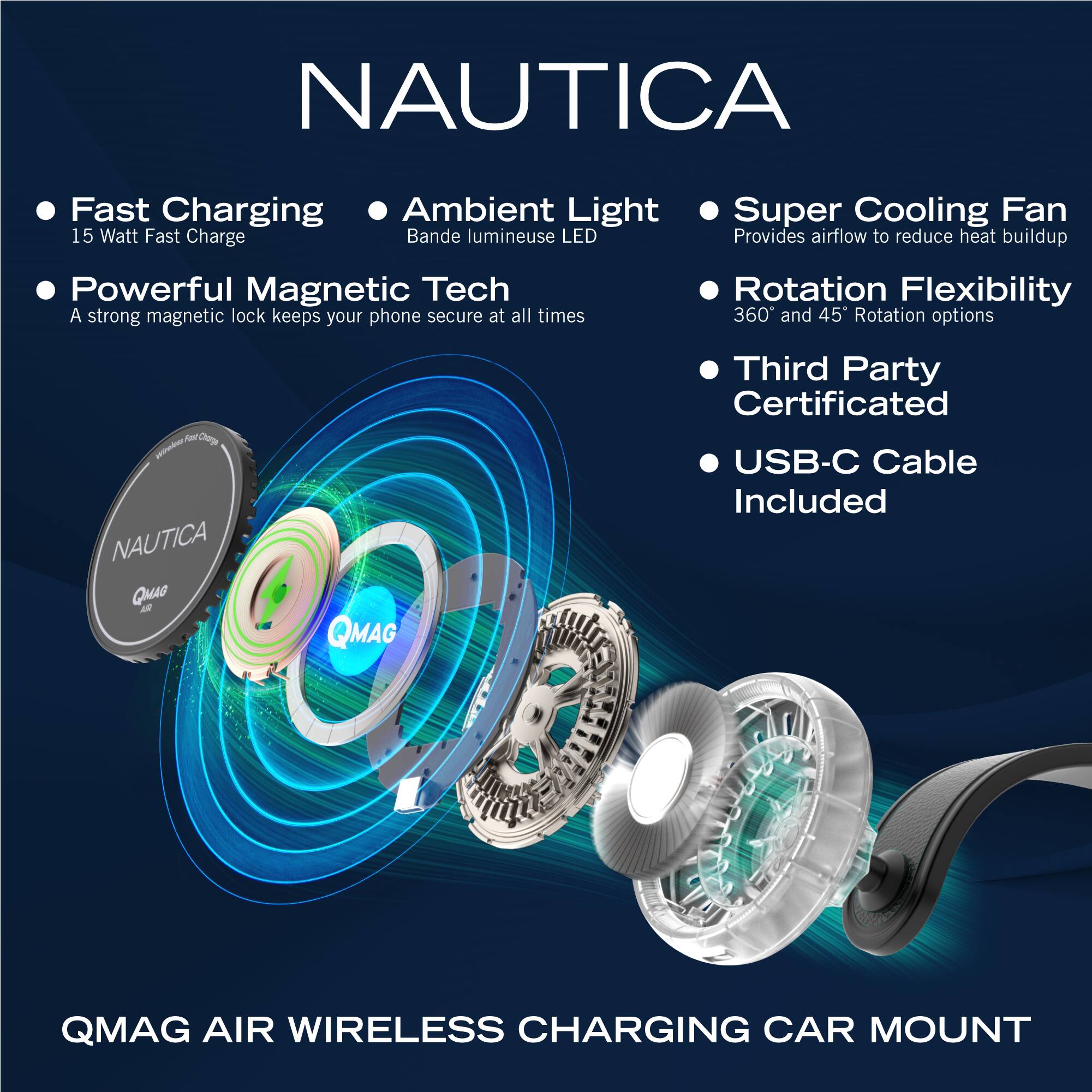 NAUTICA Fast Charging Ambient Light 15 Watt Fast Charge Bande lumineuse LED Super Cooling Fan Provides airflow to reduce heat buildup Powerful Magnetic Tech A strong magnetic lock keeps your phone secure at all times Rotation Flexibility 360° and 45° Rotation options Aor Chays pno NAUTICA QuAG AR QMAG Third Party Certificated USB-C Cable Included QMAG AIR WIRELESS CHARGING CAR MOUNT