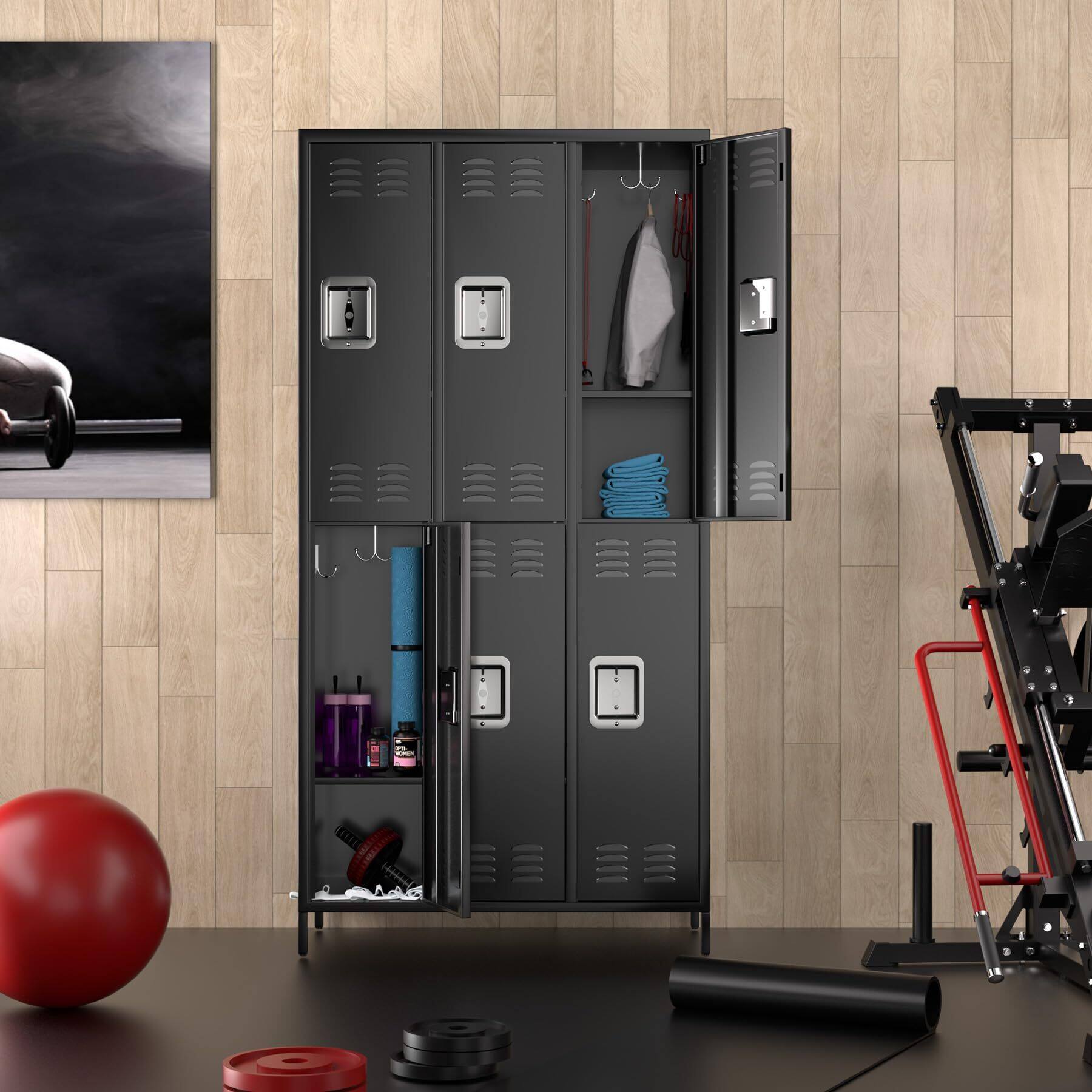 Back. GARVEE - 6 Doors Metal Lockers Tall Metal Office Storage Cabinet with 18 Hooks and 6 Shelves for Home Office Gym School - Black.