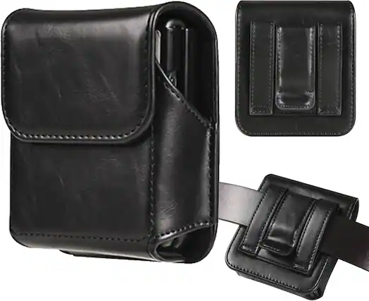 Front. Equipd - PU Leather Pouch for Galaxy Z Flip 7/6, Moto Razr/Ultra/Plus 2026/2025/2024, Magnetic Closure Flap w/ Belt Clip (Black) - Black.