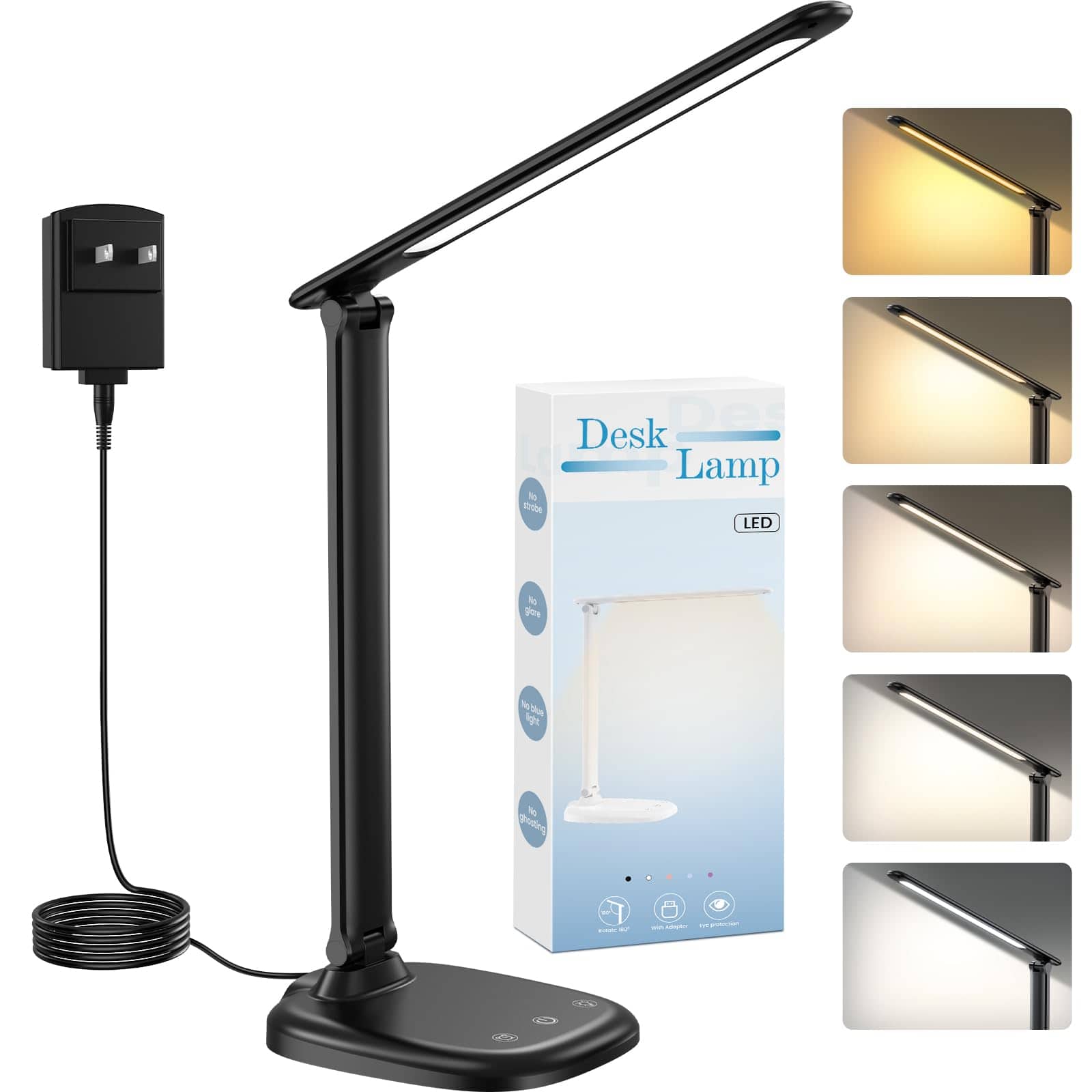 Dazzed Corner - Desk Lamp with Charger, Eye-Caring Foldable LED Desk Lamps - Black