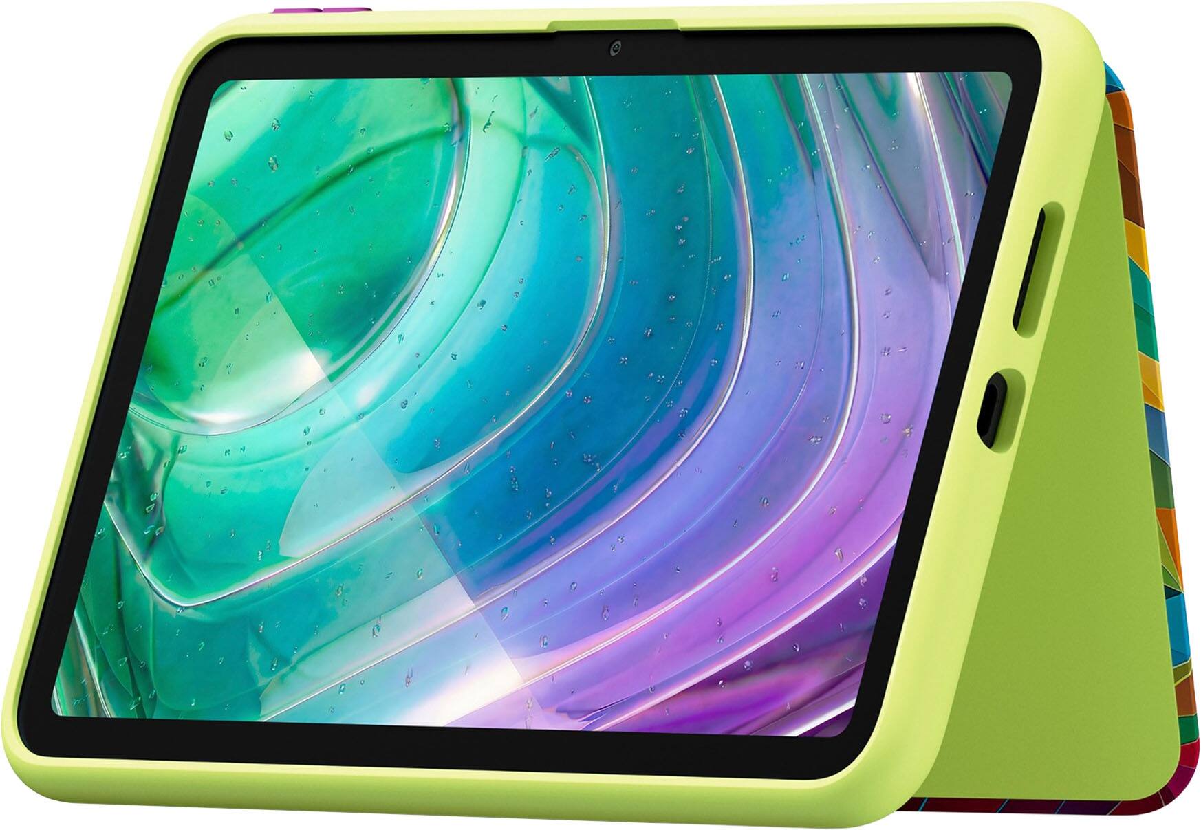 Angle. Amazon - Amazon Kids Tablet 8 Case for Ages 6+ – Protective and Slim, with Built-in Landscape and Portrait Stand - Rainbow Cat.
