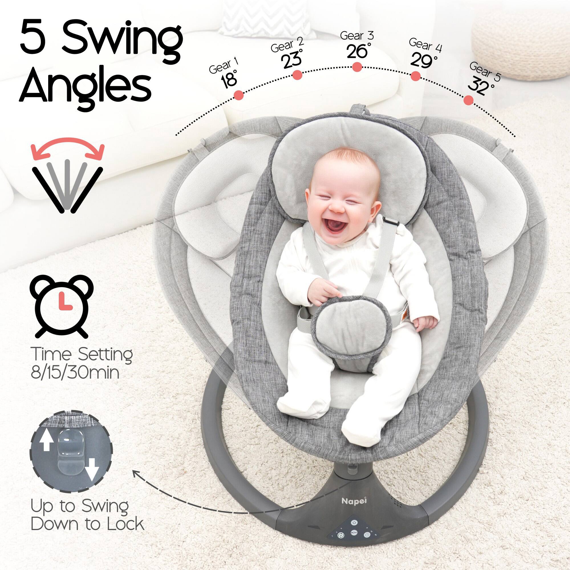 5 Swing Angles

Gear 1 18°  
Gear 2 23°  
Gear 3 26°  
Gear 4 29°  
Gear 5 32°  

Time Setting 8/15/30min  

Up to Swing Down to Lock  

Napei