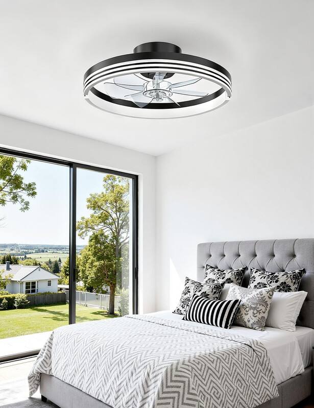 Alt View 8. Akofun - 18" Black Bladeless Low Profile Fan Light, Dimmable LED, DC Motor, 6 Speeds, Timer, Remote & APP Control - White.