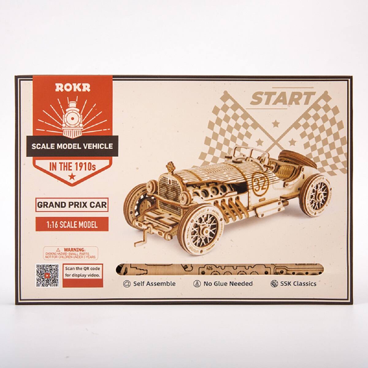 ROKR  
SCALE MODEL VEHICLE  
IN THE 1910s  

GRAND PRIX CAR  
1:16 SCALE MODEL  

WARNING: CHOKING HAZARD - SMALL PARTS NOT FOR CHILDREN UNDER 3 YEARS  

Scan the QR code for display video.  

Self Assemble  
No Glue Needed  
SSK Classics