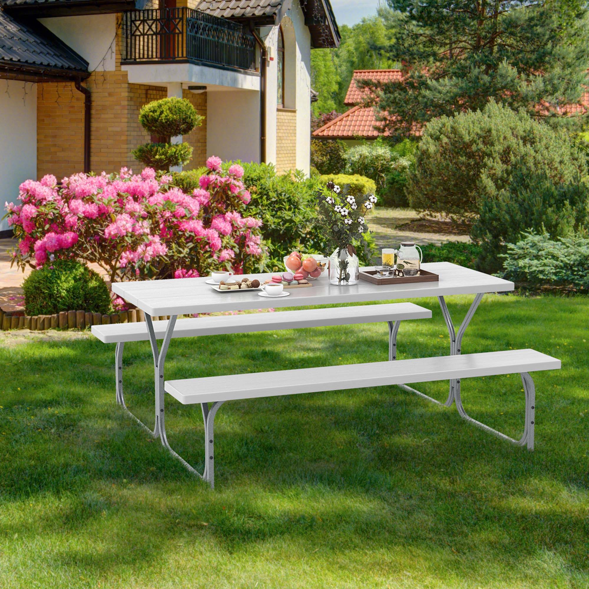 Alt View 1. Costway - Costway 6 FT Picnic Table Bench Set Outdoor Dining Table & 2 Benches with Metal Frame - White.