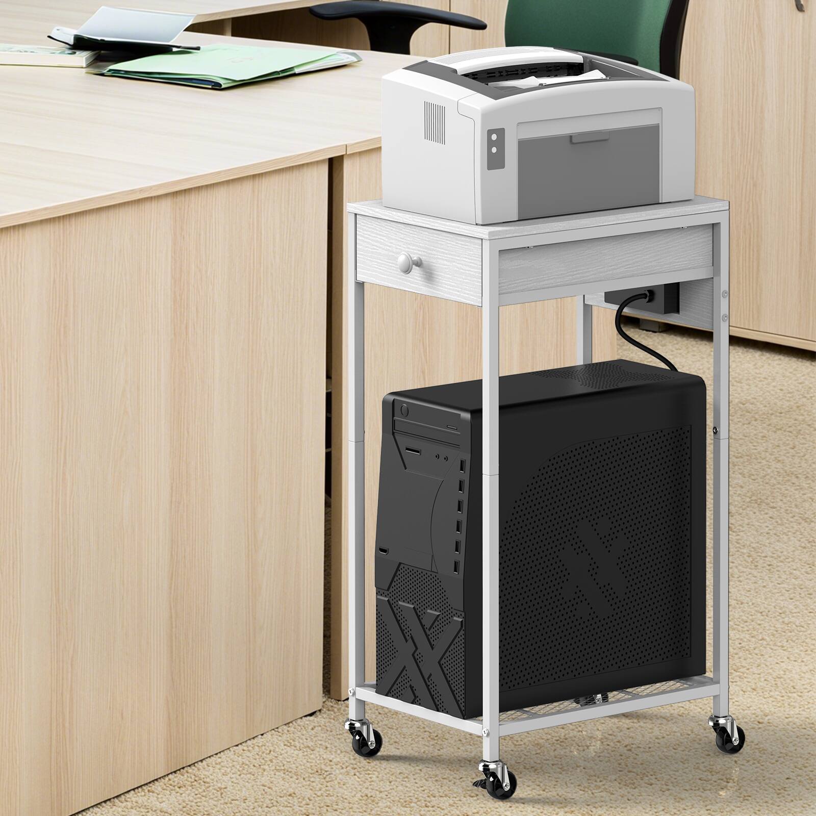 Angle. Oumilen - Mobile Printer Stand with Charging Station & Wooden Drawer, Rolling Side Table with Mesh Storage Shelf, White - White.