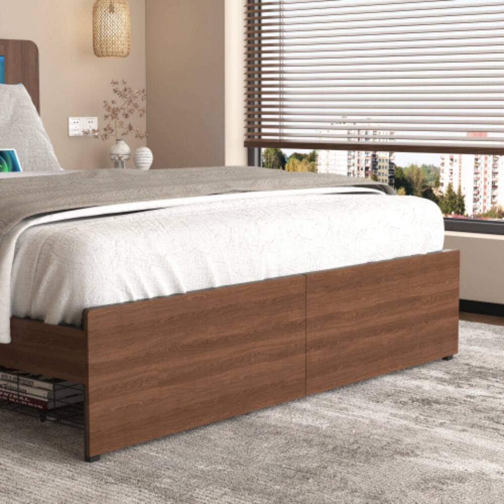 Back. LUCKY ONE - Queen Size Wooden Platform Bed Frame with Bookcase Headboard, 2 Storage Drawers, LED Lights, USB Charging - Brown.