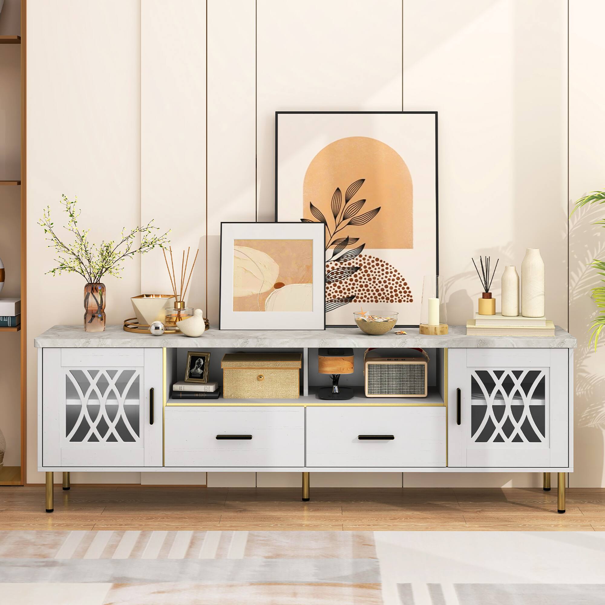 Alt View 1. Gymax - Gymax Modern Faux Marble Entertainment Center 71-Inch TV Stand for 80'' TVs White - White, Gold.