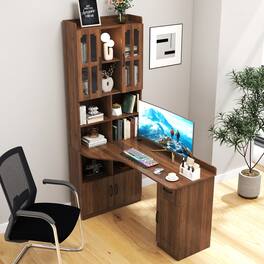 Tiramisubest - L-Shaped Corner Computer Desk,Study Modern Style Table with Drawers,Bookshelf & Hutch,2-in-1 L-Shaped Design - Walnut