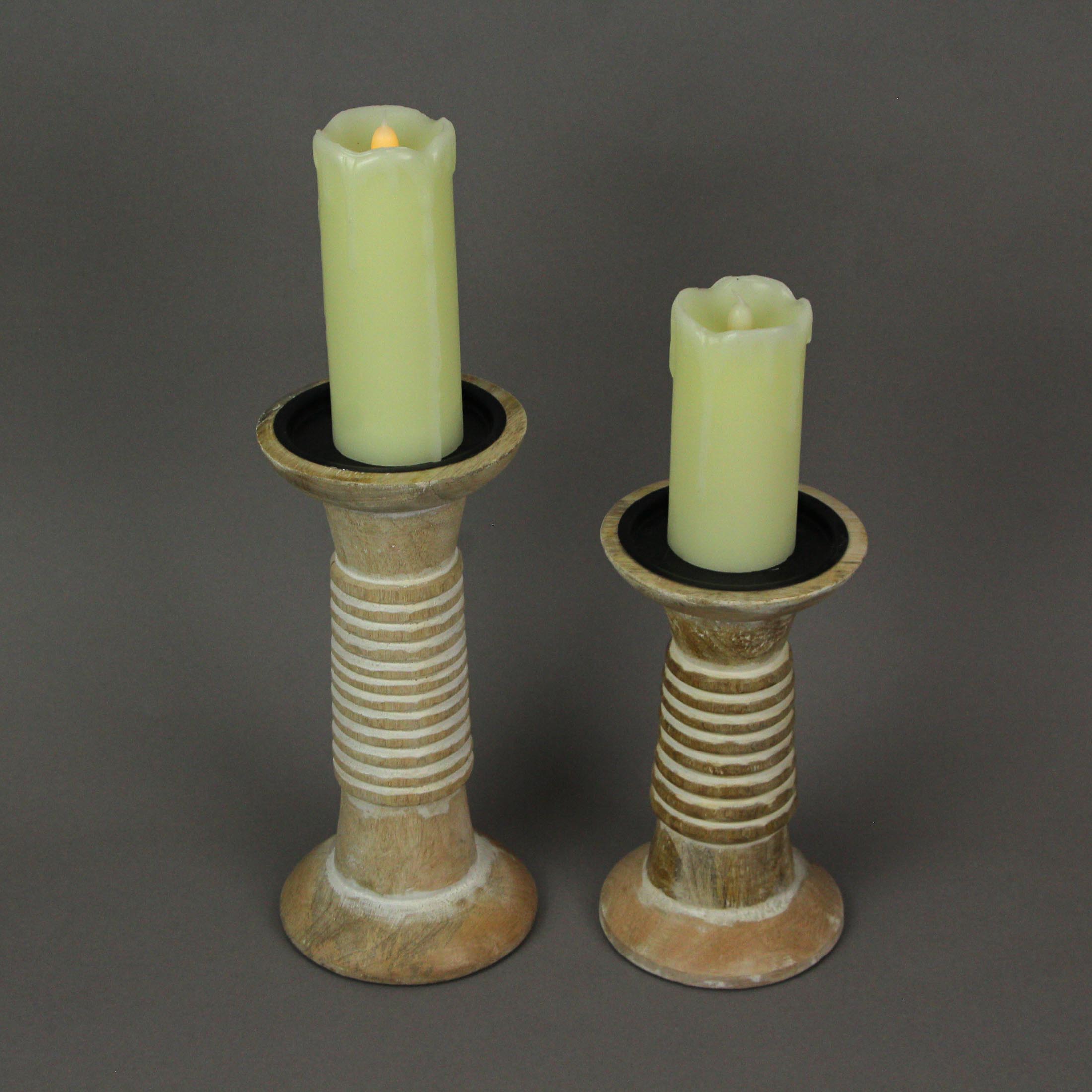 Alt View 1. PD Home & Garden - Set of 2 Wood Pedestal Candle Holders Rustic White Washed Pillar Centerpieces - Brown.