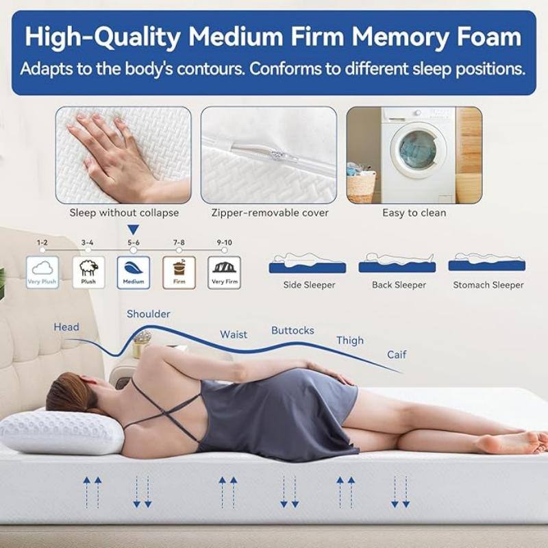 High-Quality Medium Firm Memory Foam Adapts to the body's contours. Conforms to different sleep positions. Sleep without collapse. Zipper-removable cover. Easy to clean. 

1-2: Very Plush  
3-4: Plush  
5-6: Medium  
7-8: Firm  
9-10: Very Firm  

Side Sleeper  
Back Sleeper  
Stomach Sleeper  

Head  
Shoulder  
Waist  
Buttocks  
Thigh  
Calf