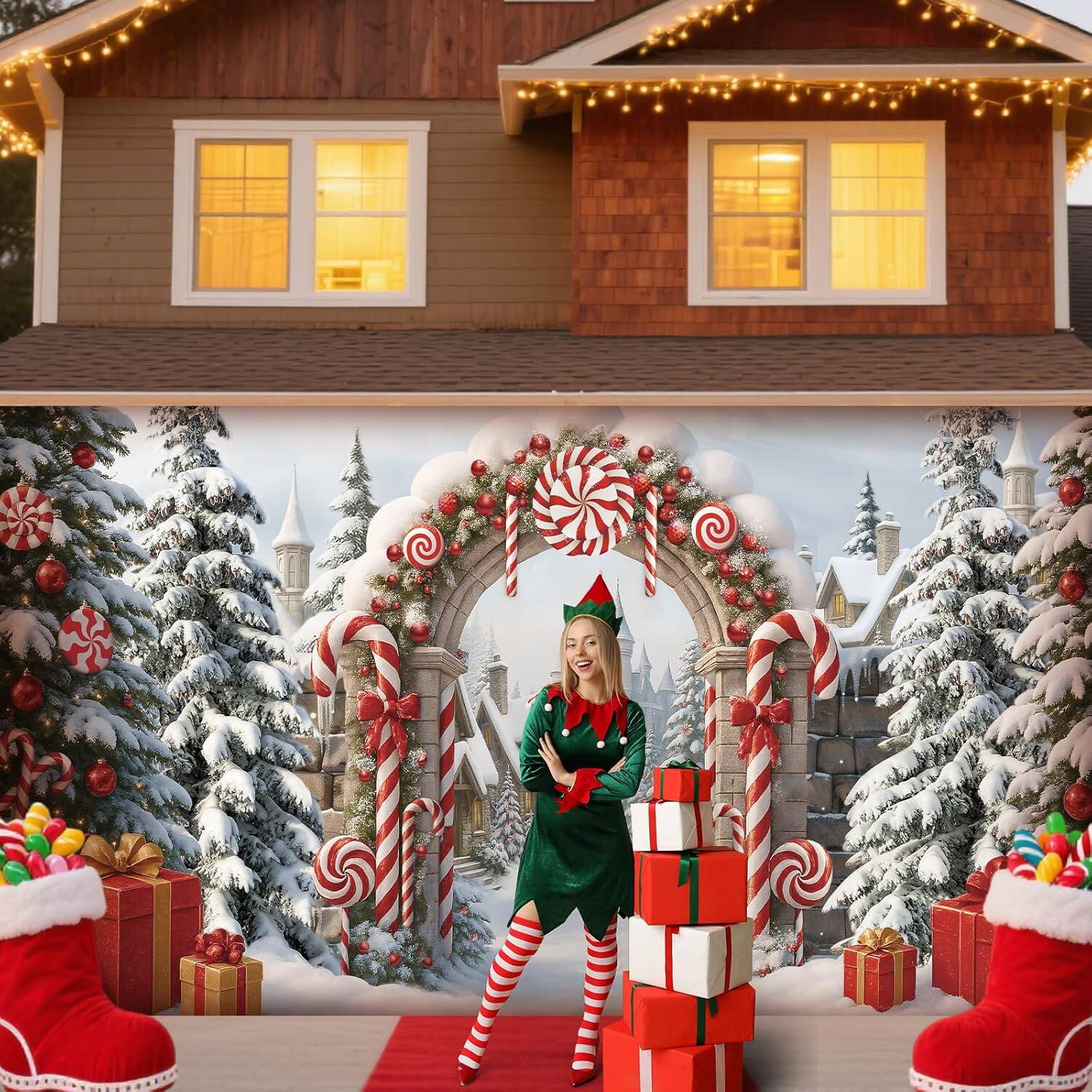 Alt View 1. PARKER SLATER - 7x16-Ft Christmas Candy Cane Garage Door Banner – Outdoor Holiday Decor - Candy Cane.