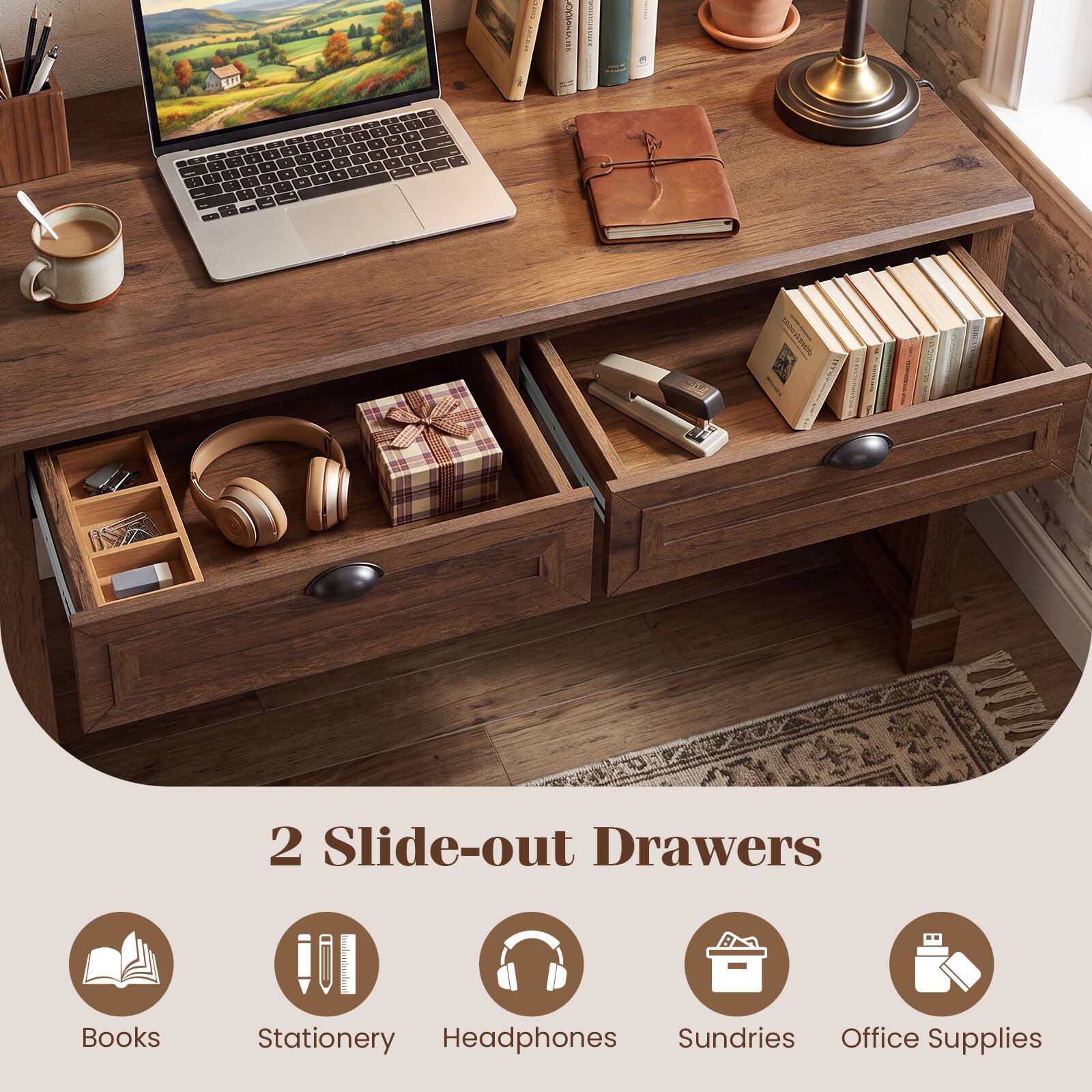 2 Slide-out Drawers  
Books  
Stationery  
Headphones  
Sundries  
Office Supplies