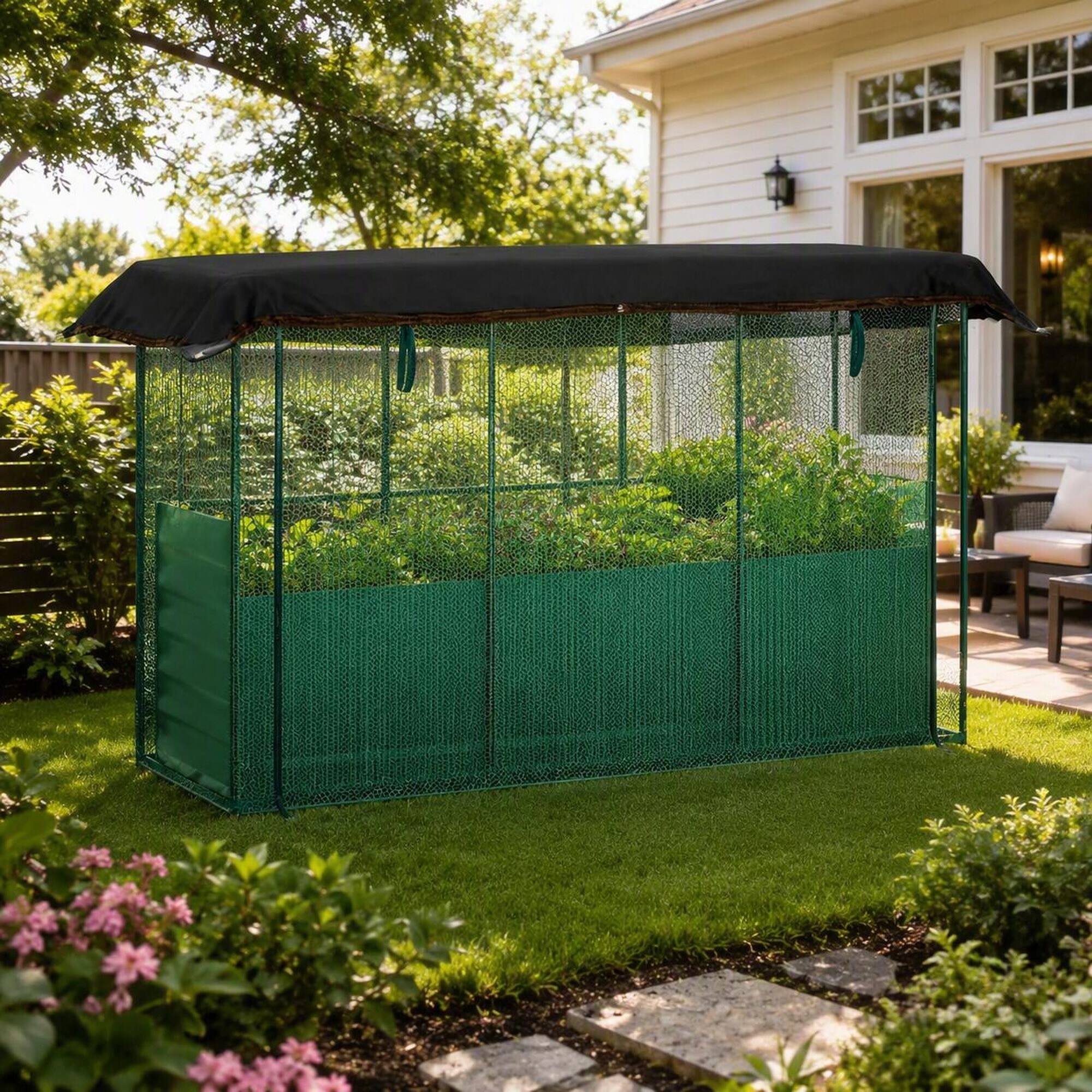 Angle. RYHNUYNE - Galvanized Steel Raised Garden Bed with Crop Cage and Shade Cloth, Open Bottom Planter Box for Vegetables, 72.8 - Green.
