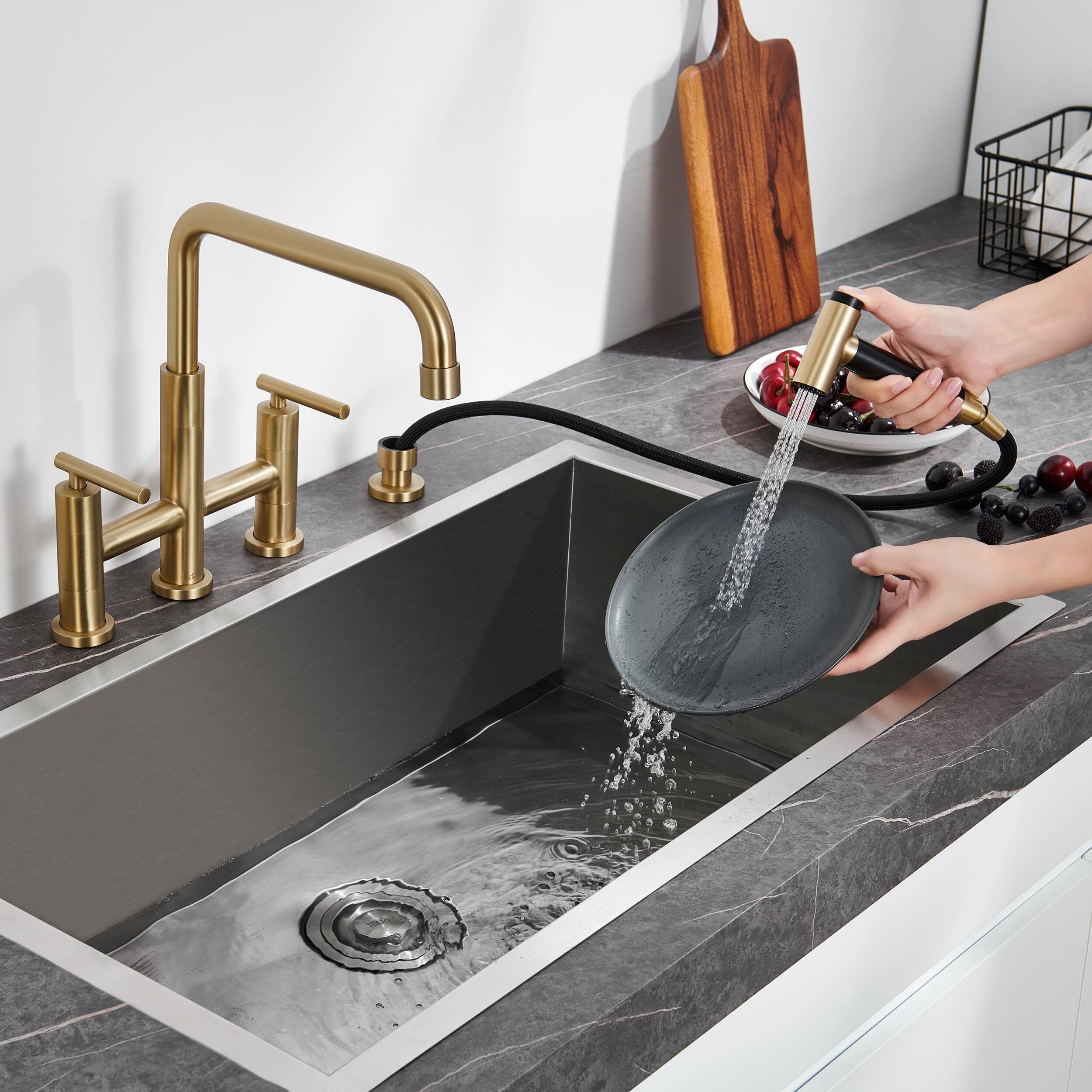 Left. Boyel Living - Double Handle 360 Degrees Rotation Bridge Kitchen Faucet with Pull-Out Side Sprayer, Ceramic Cartridge - Brushed Gold.