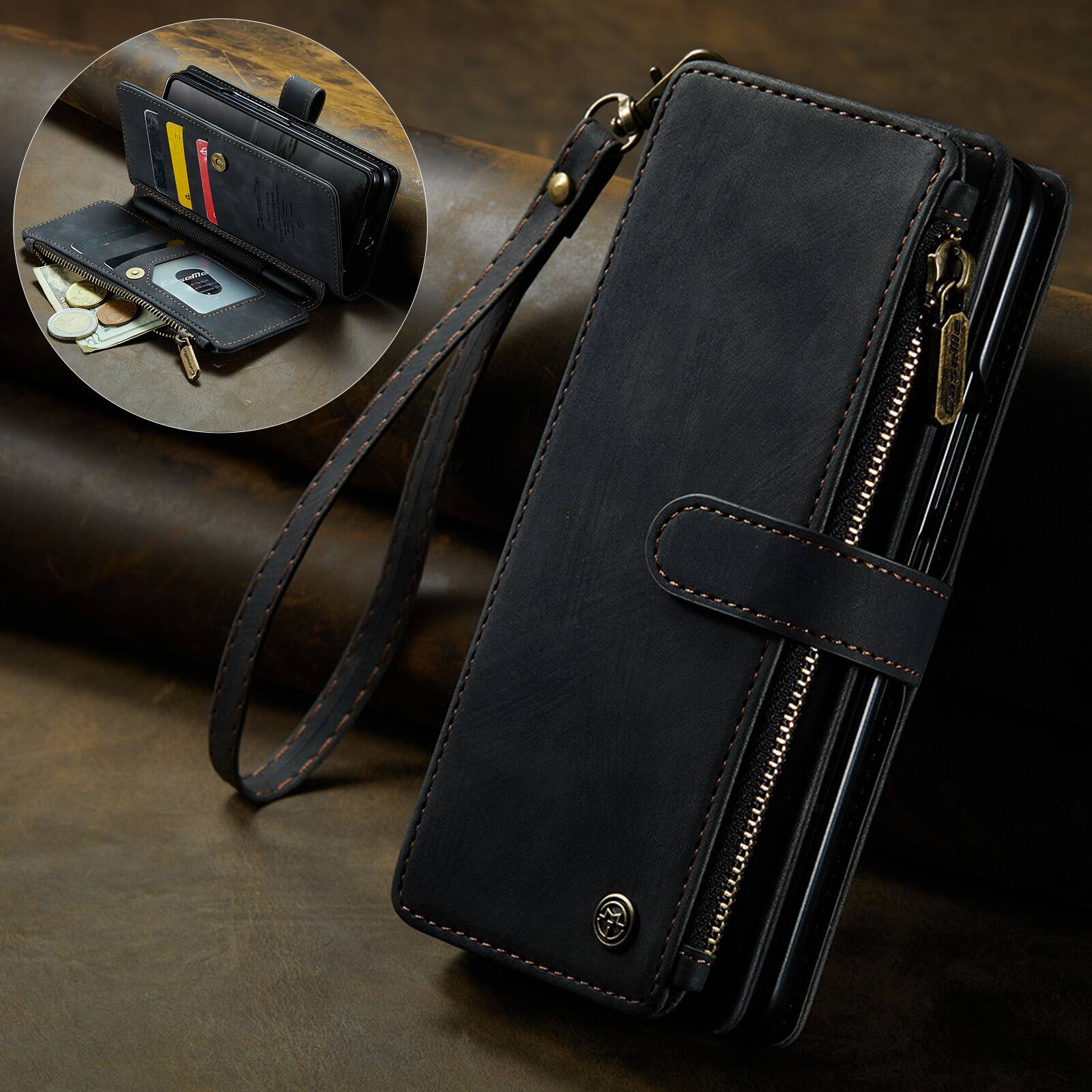 Angle. Dteck - For Samsung Galaxy Z Fold8 Ultra Premium Leather Shockproof Purse Case Card Slots Zipper Pocket Cover + Wrist Strap - Black.