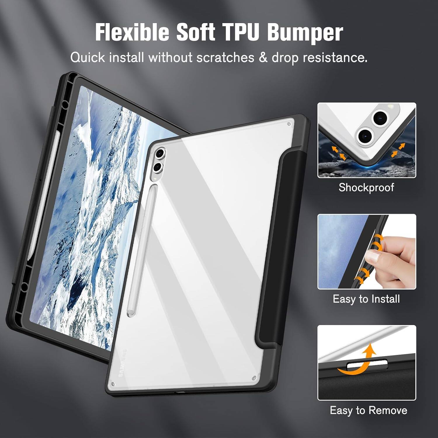 Flexible Soft TPU Bumper  
Quick install without scratches & drop resistance.  
Shockproof  
Easy to Install  
Easy to Remove