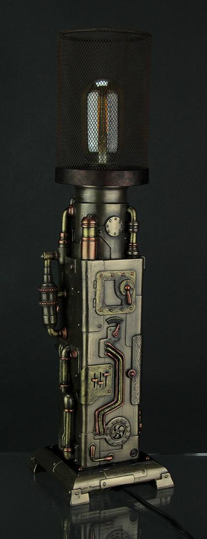 Alt View 2. Veronese Design - Steampunk Industrial Piping Tower Beacon Clock Mesh Table Lamp - Bronze.