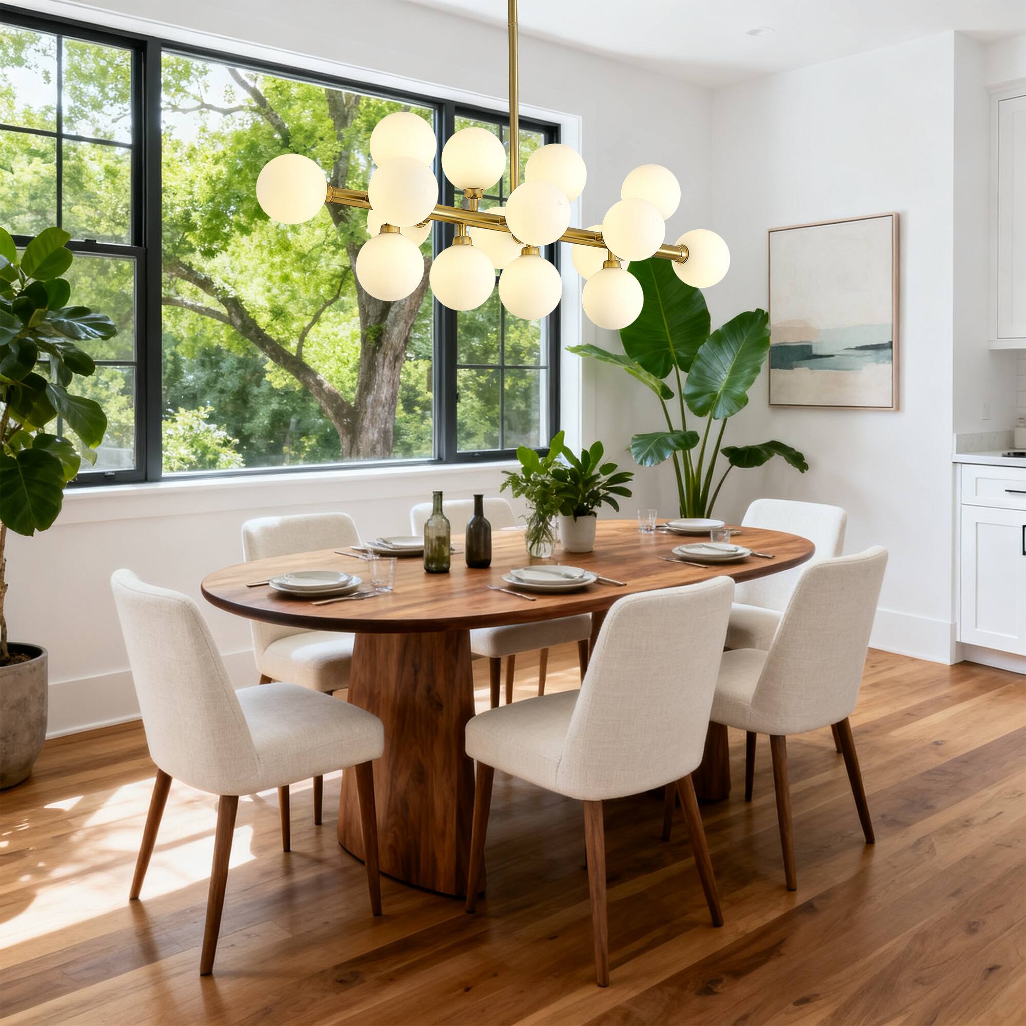 Angle. RYHNUYNE - 16-Light Sputnik Chandelier 37.4 Inch Mid-Century Modern Pendant Light with Opaline Glass Adjustable Height.