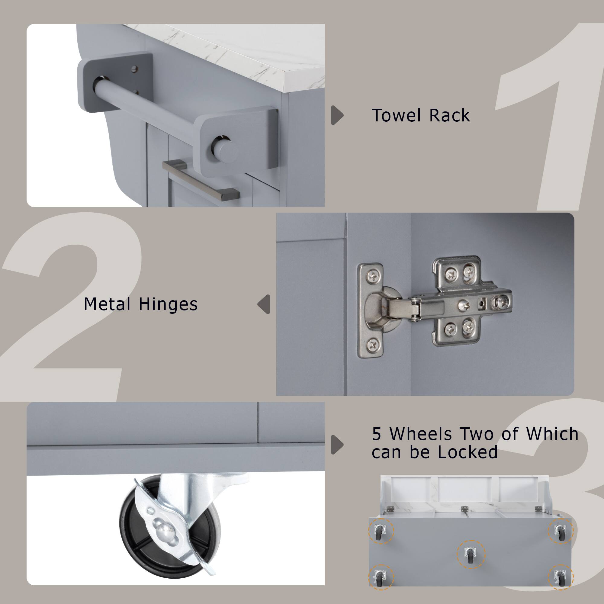 1. Towel Rack
2. Metal Hinges
3. 5 Wheels Two of Which can be Locked