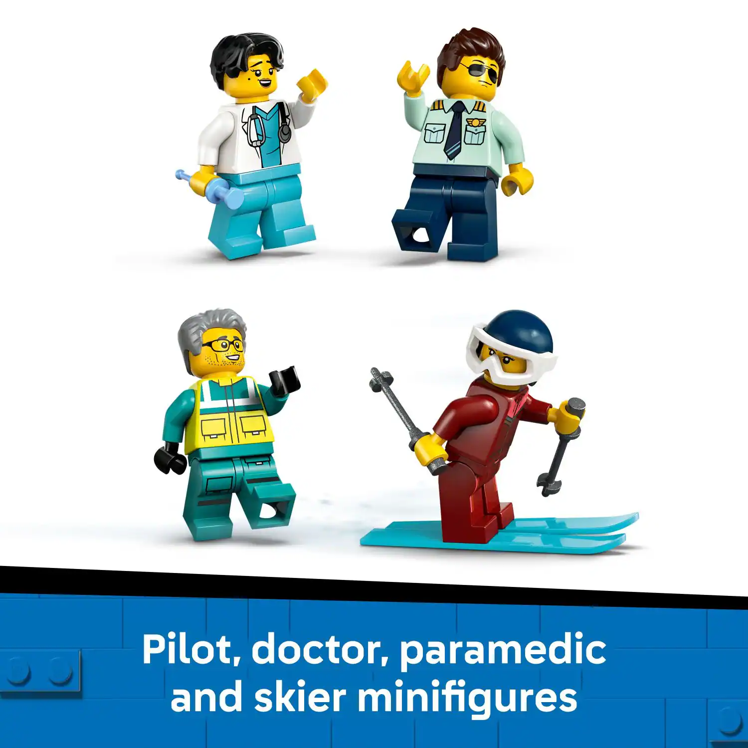 Pilot, doctor, paramedic and skier minifigures